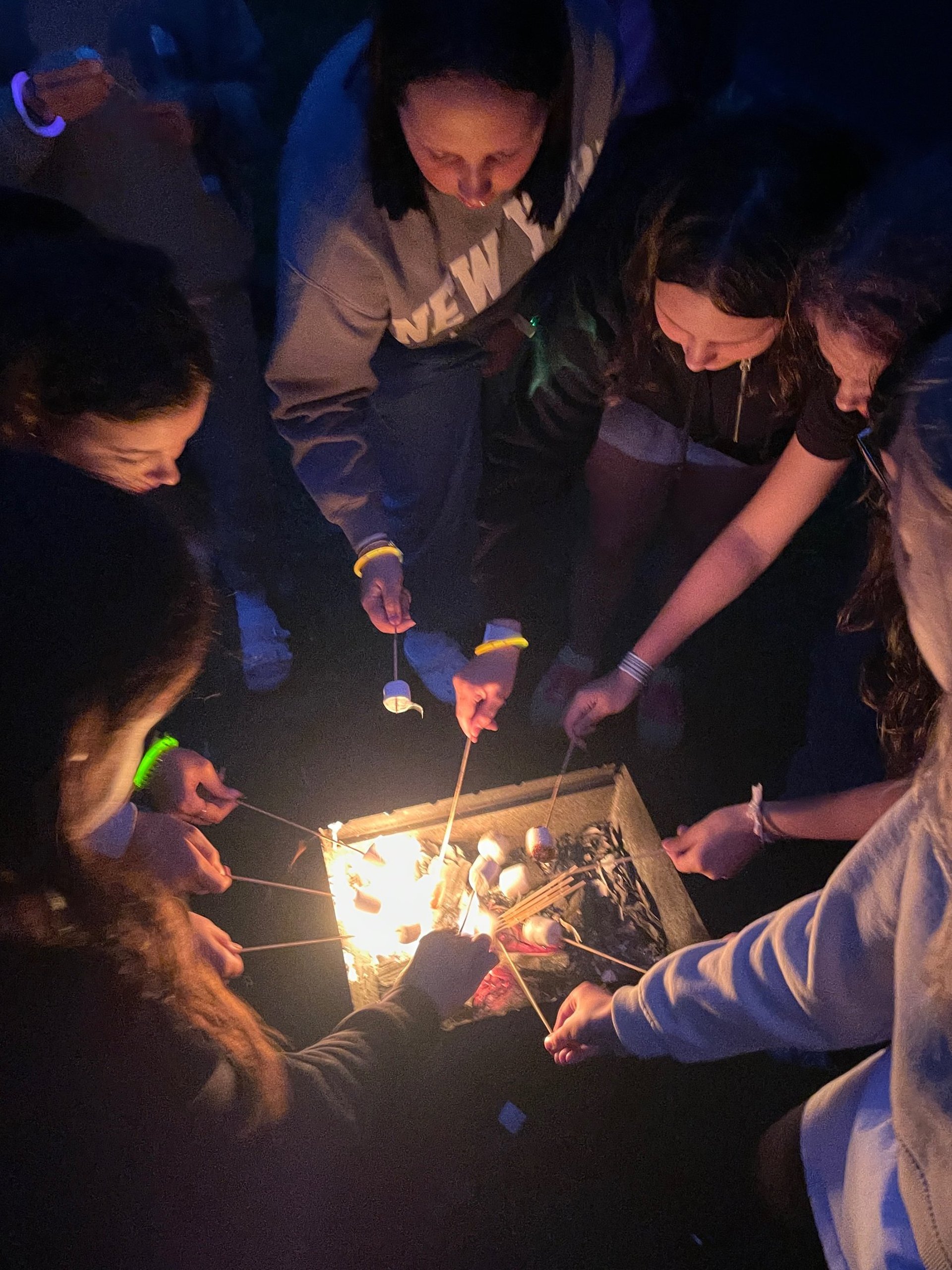 people sitting around bonfire