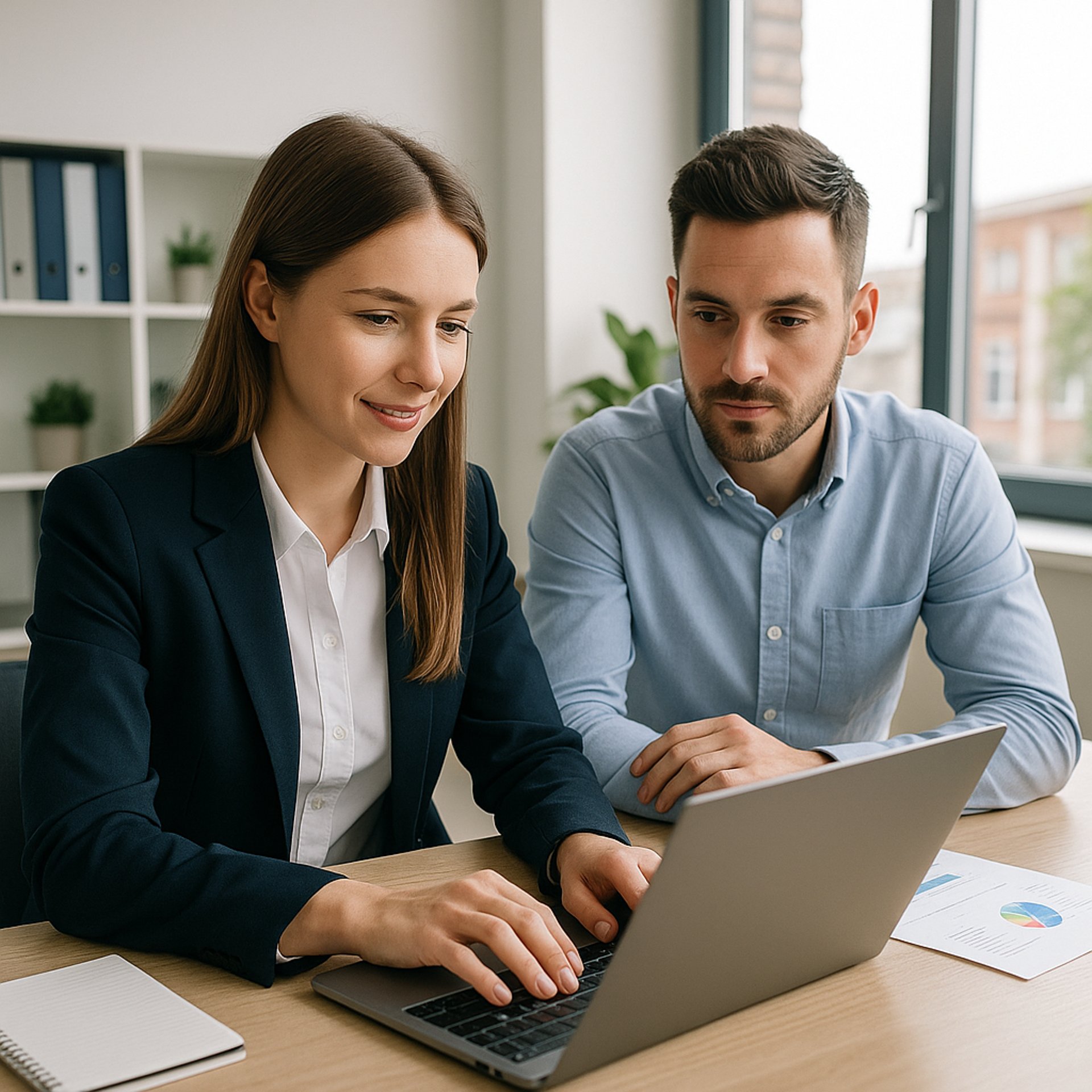 Two UK business professionals collaborating on SEO strategy in a modern office.
