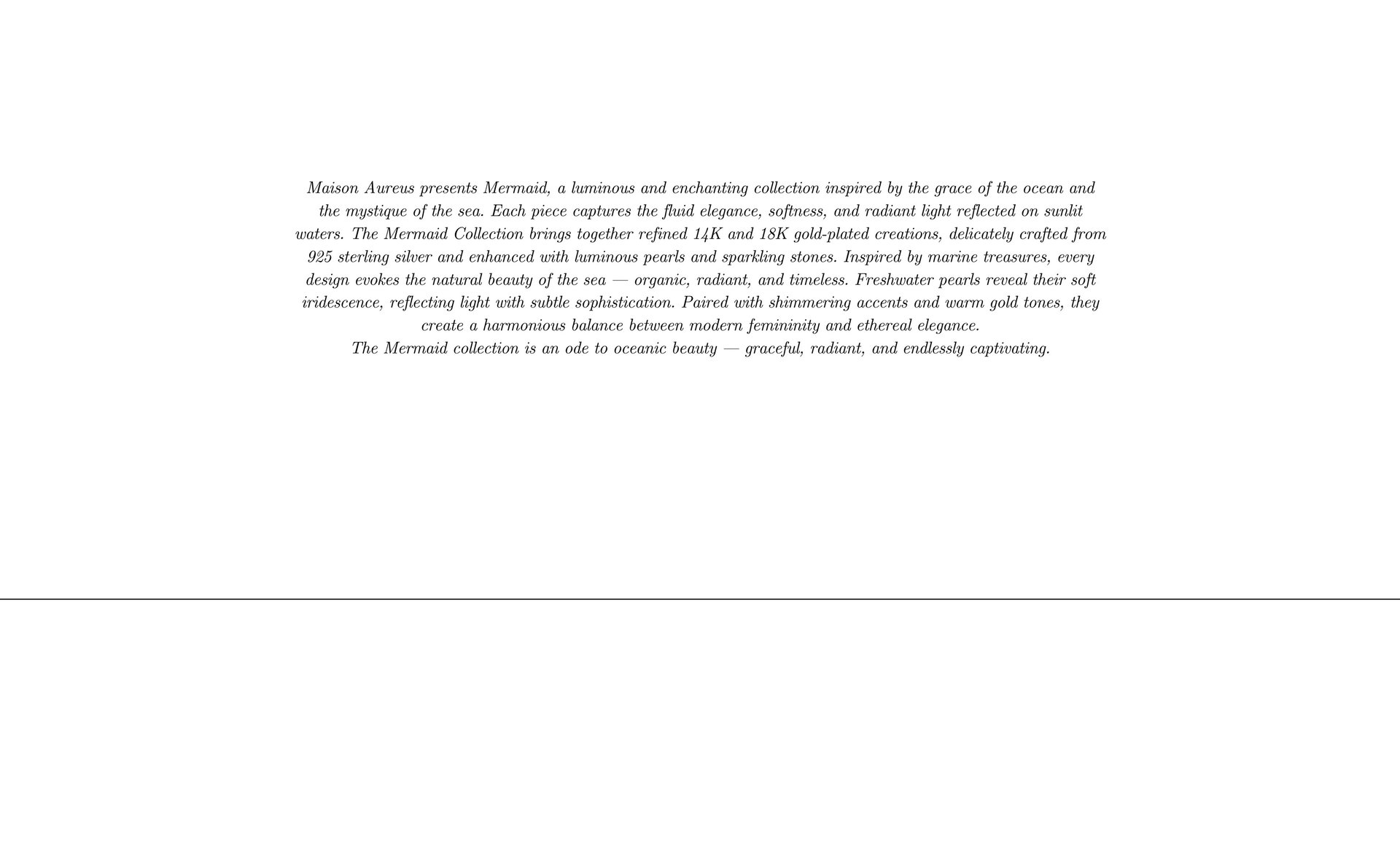 Texte descriptif de la Collection Mermaid par Maison Aureus – bijoux en plaqué or 14K et 18K avec perles d’eau douce 
