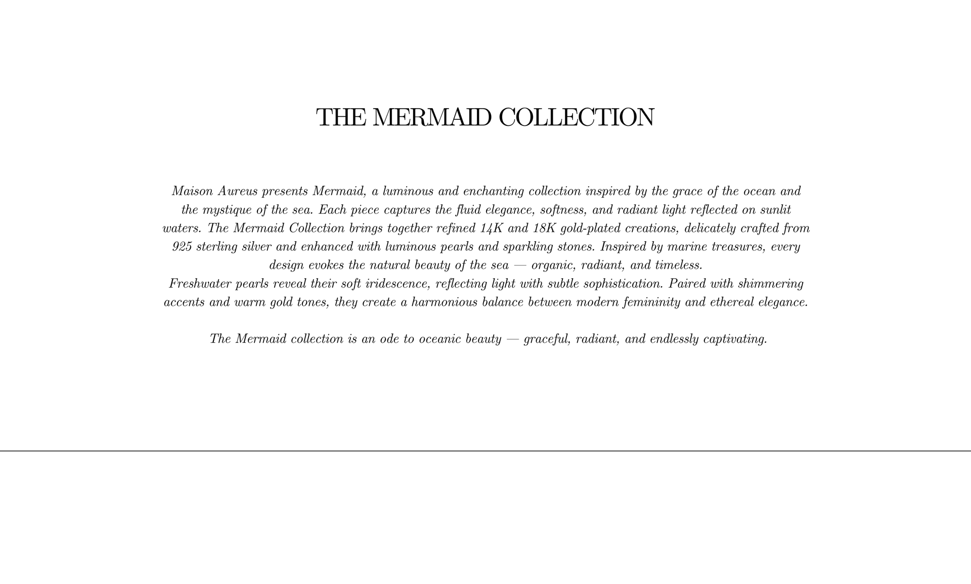 Texte descriptif de la Collection Mermaid par Maison Aureus – bijoux en plaqué or 14K et 18K avec perles d’eau douce 