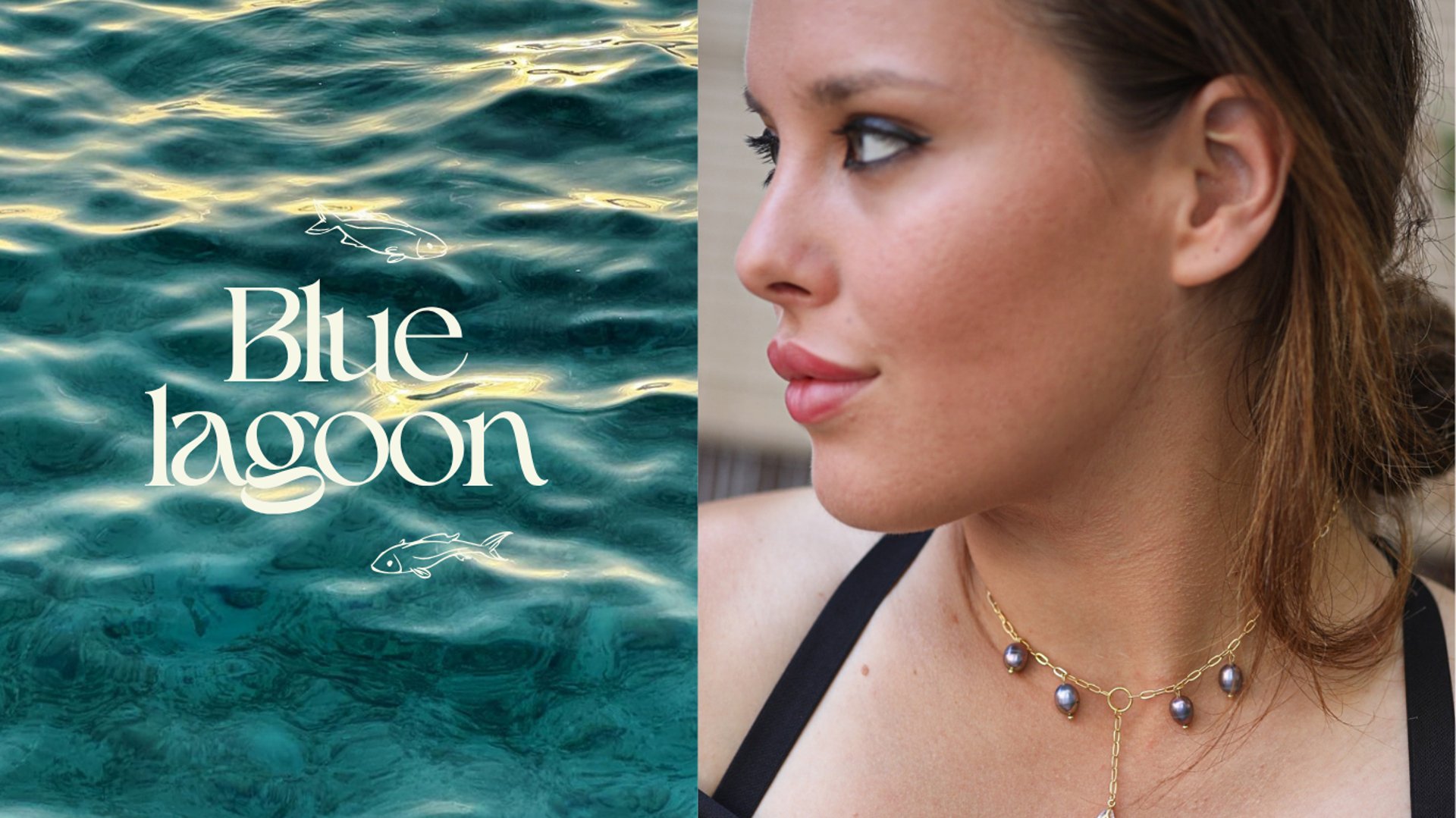Blue Lagoon necklace Maison Aureus featuring dark freshwater pearls on a gold chain, crystal-clear ocean backdrop