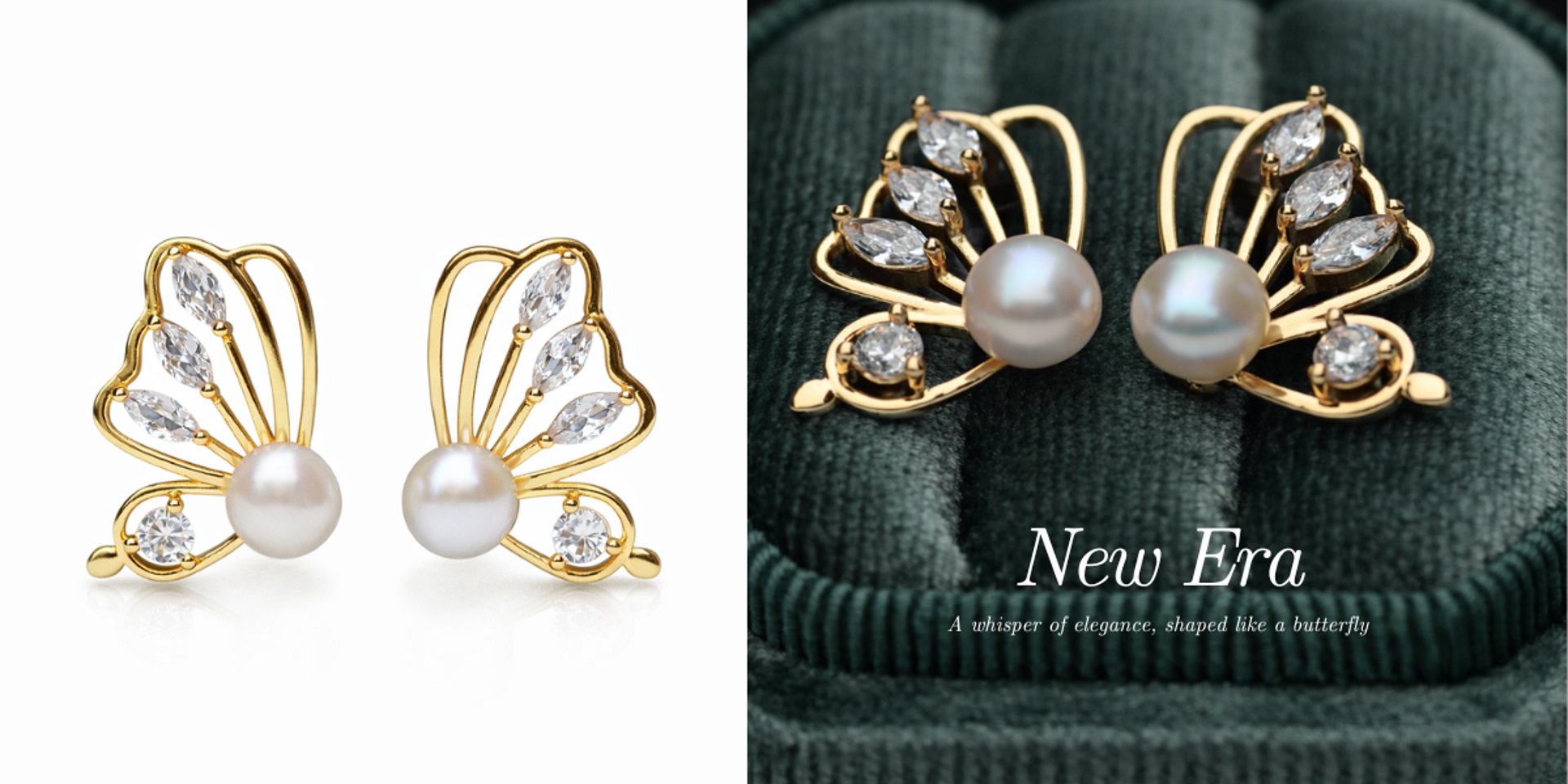 Gold butterfly earrings with freshwater pearl and zircon stones – elegant Maison Aureus jewelry design