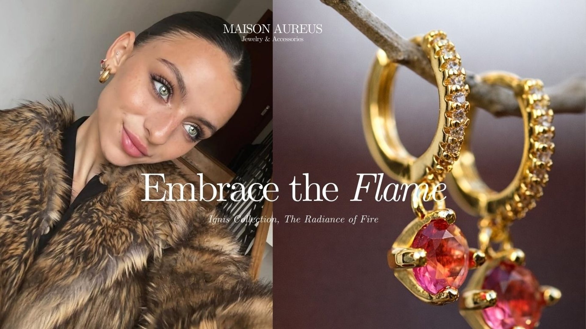 Deneb ambassadrice Maison Aureus boucles d’oreilles Flame Queen argent 925 plaqué or 18K, les boucles Esmée argent 925 Or 18K