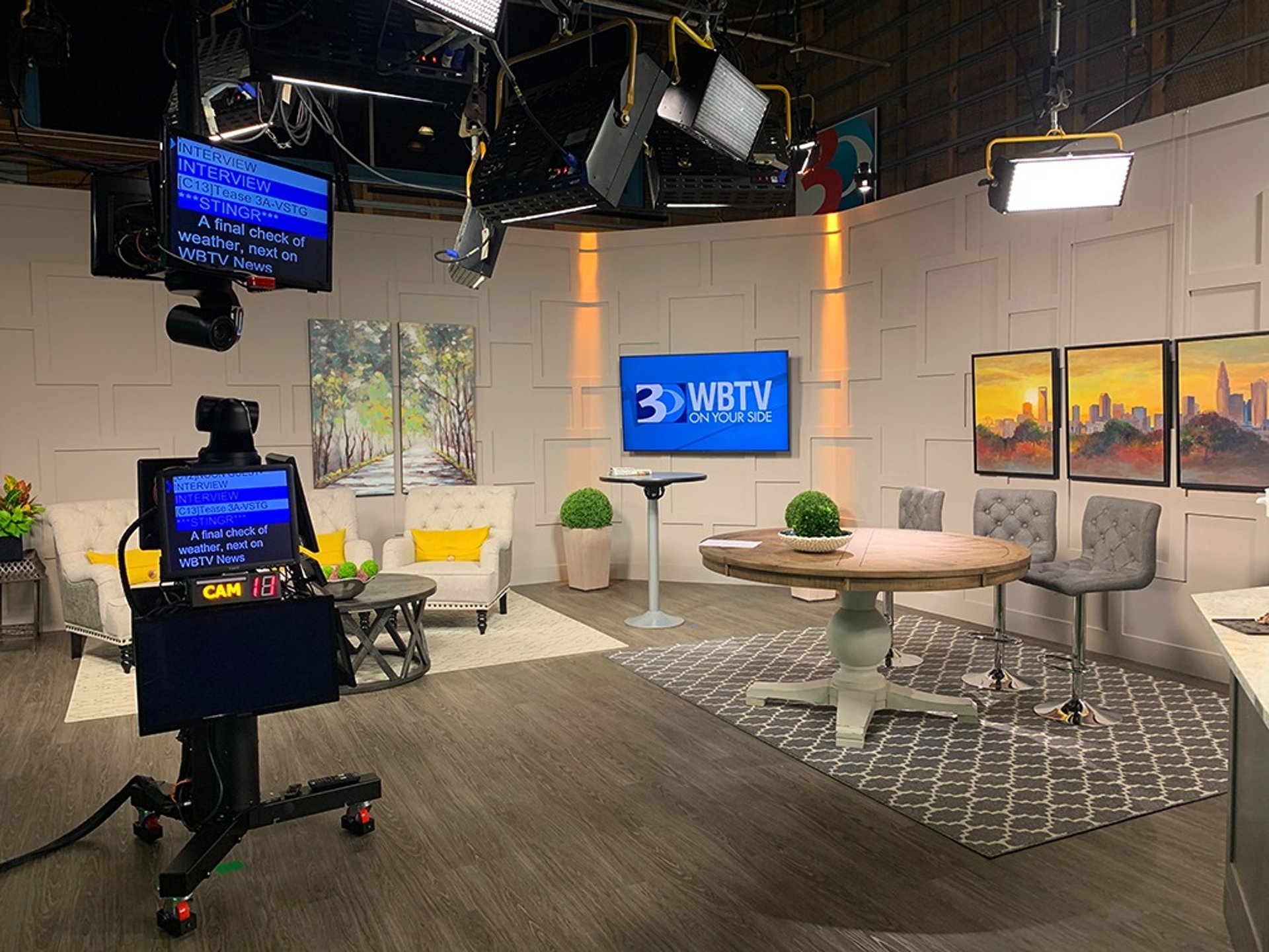 Television station WBTV wall with triptych paintings.paintings