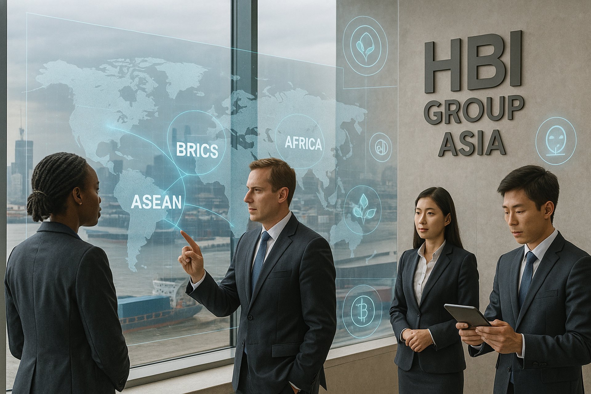 Business professionals in a modern Asian office interact with a holographic world map showing trade links between BRICS, ASEA