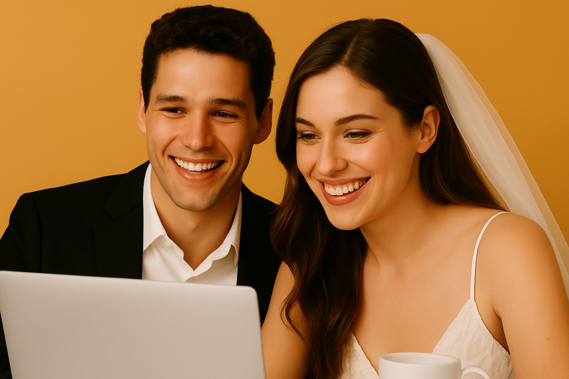 A bride and groom are standing on a dock