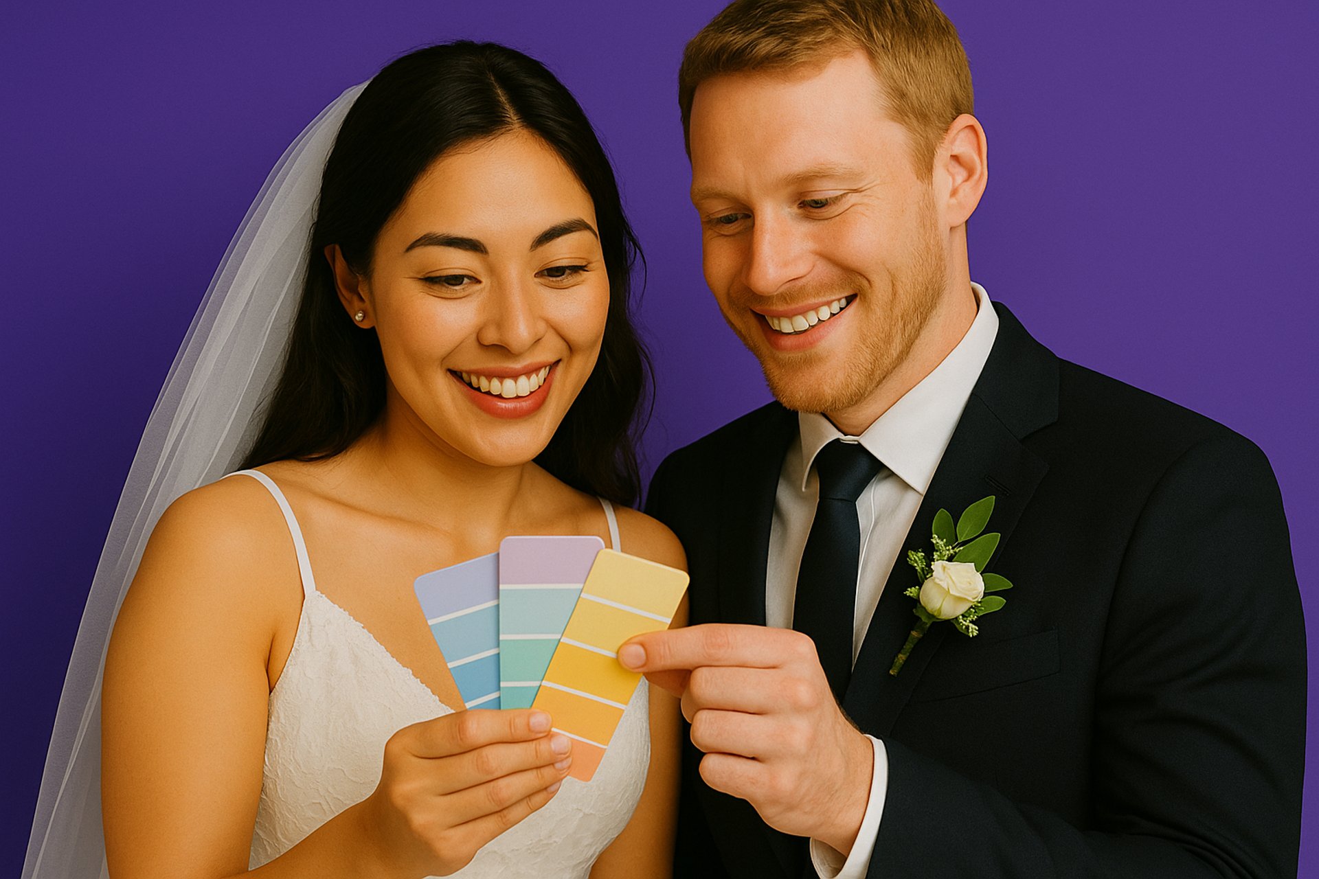 A bride and groom are standing on a dock