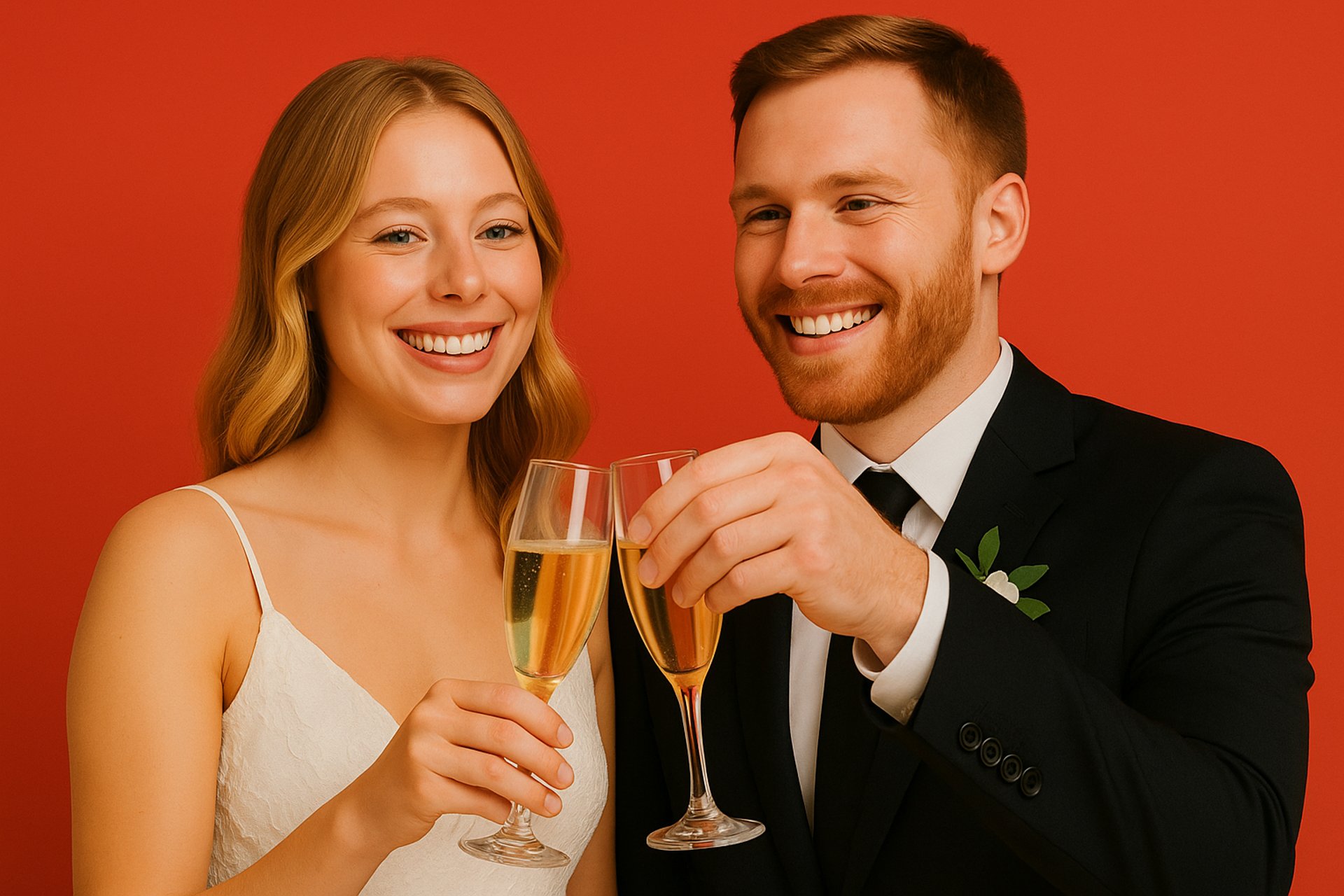 A bride and groom are standing on a dock