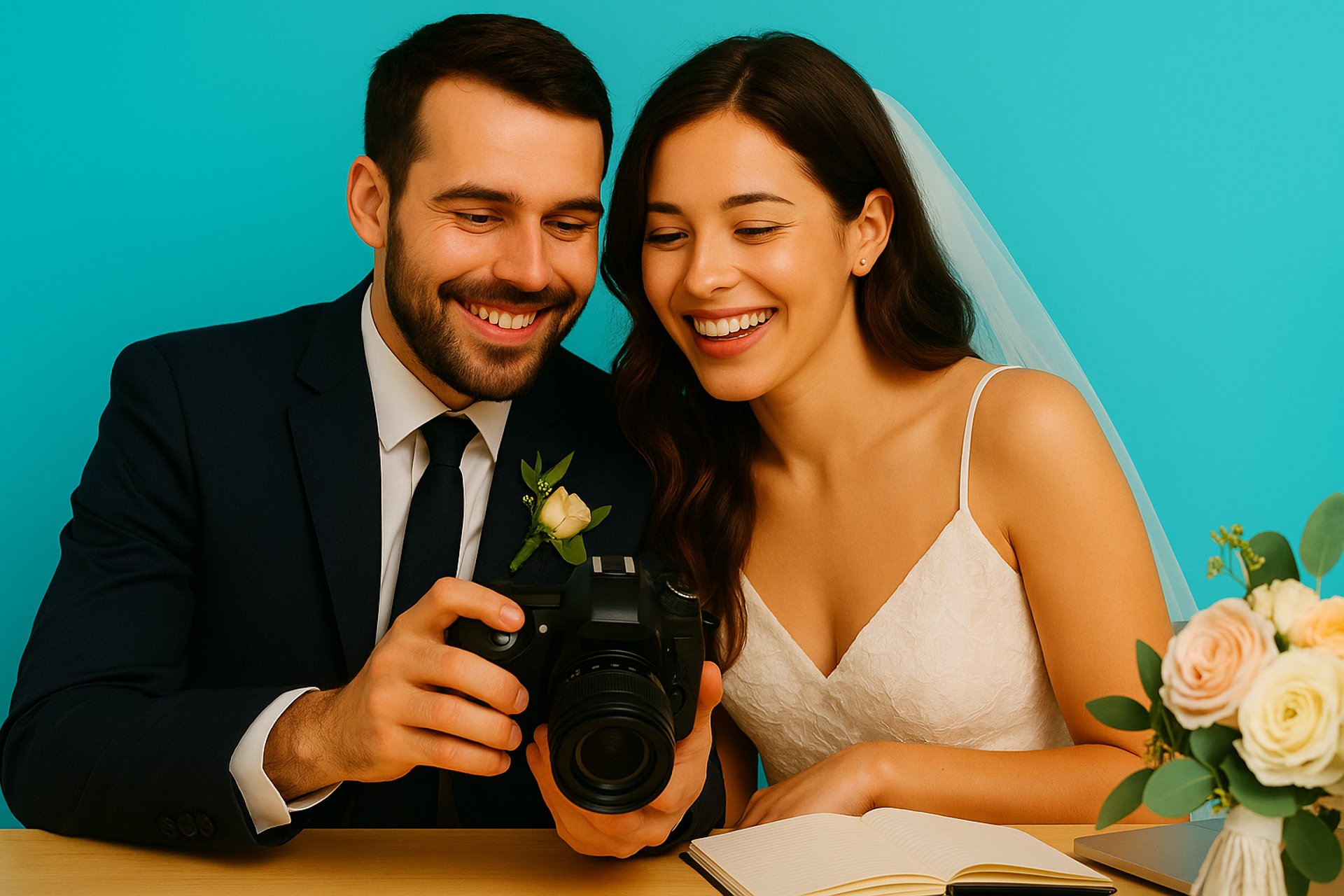 A bride and groom are standing on a dock