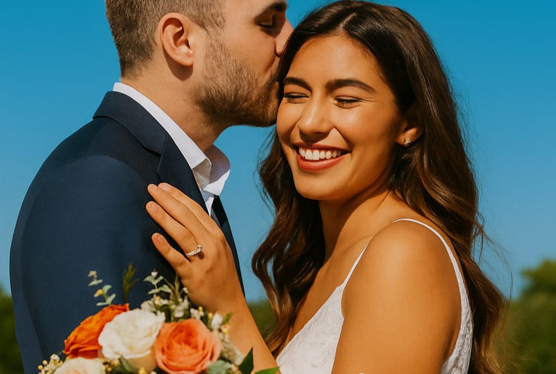 groom beside bride holding bouquet flowers