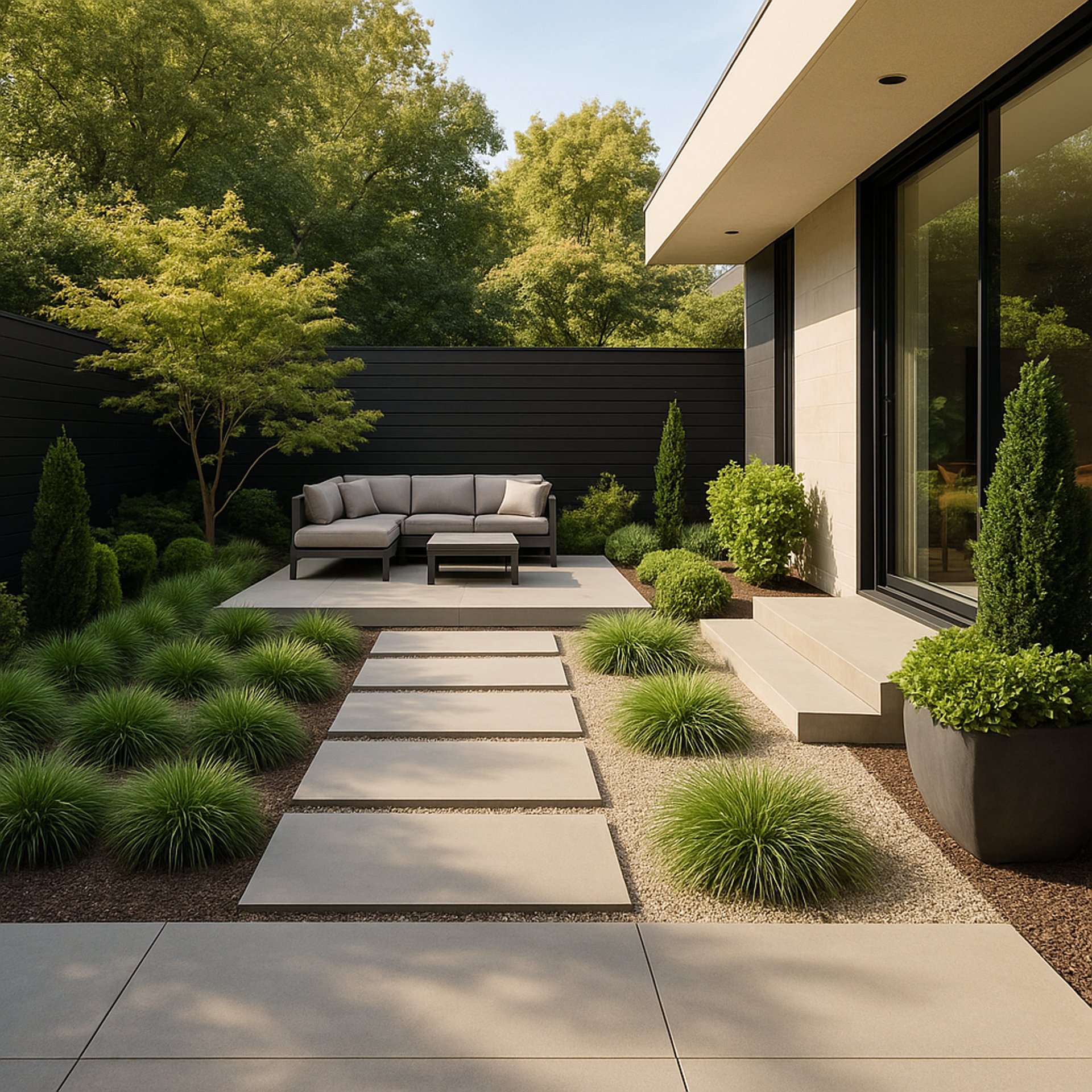 Modern turf lawn and block paving in Bristol garden