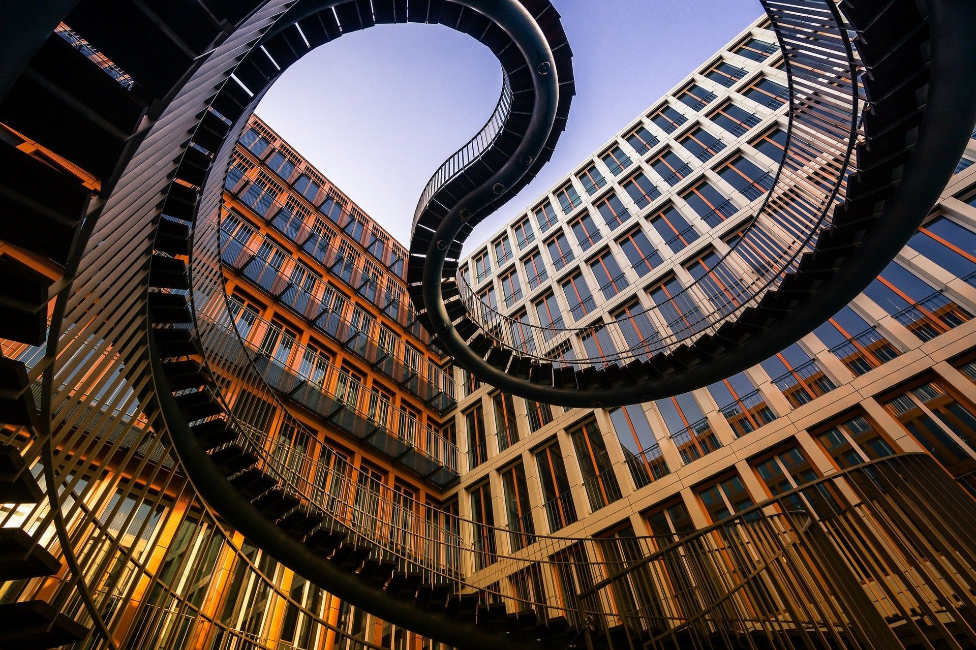 a view of the ceiling of a modern building