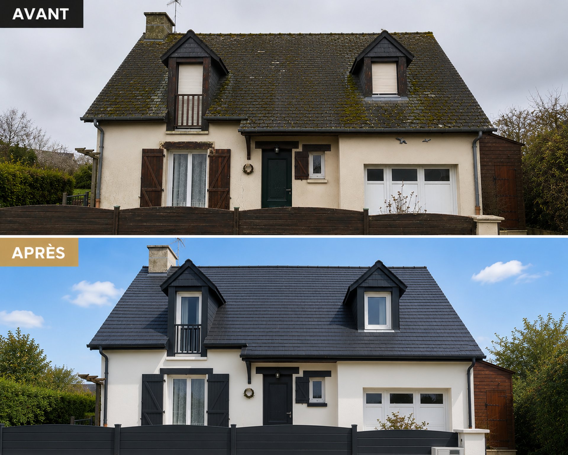 Newly tiled roof with a gutter system.