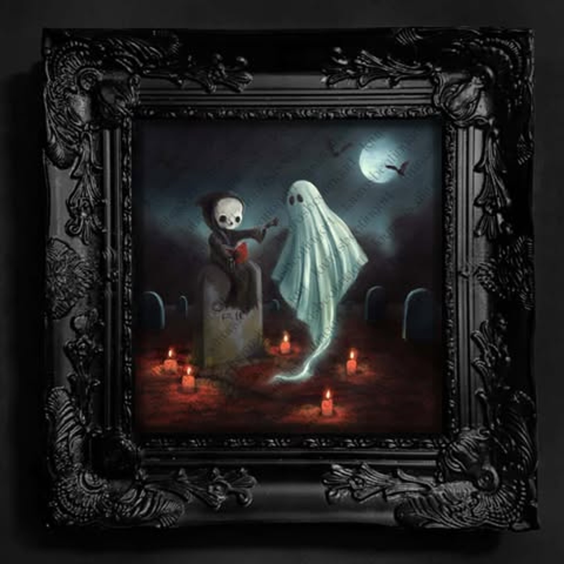 The Conjuring art print by Squorn and Laura Beating Art — gothic wall art featuring Skelly the skeleton and Gary the Ghost