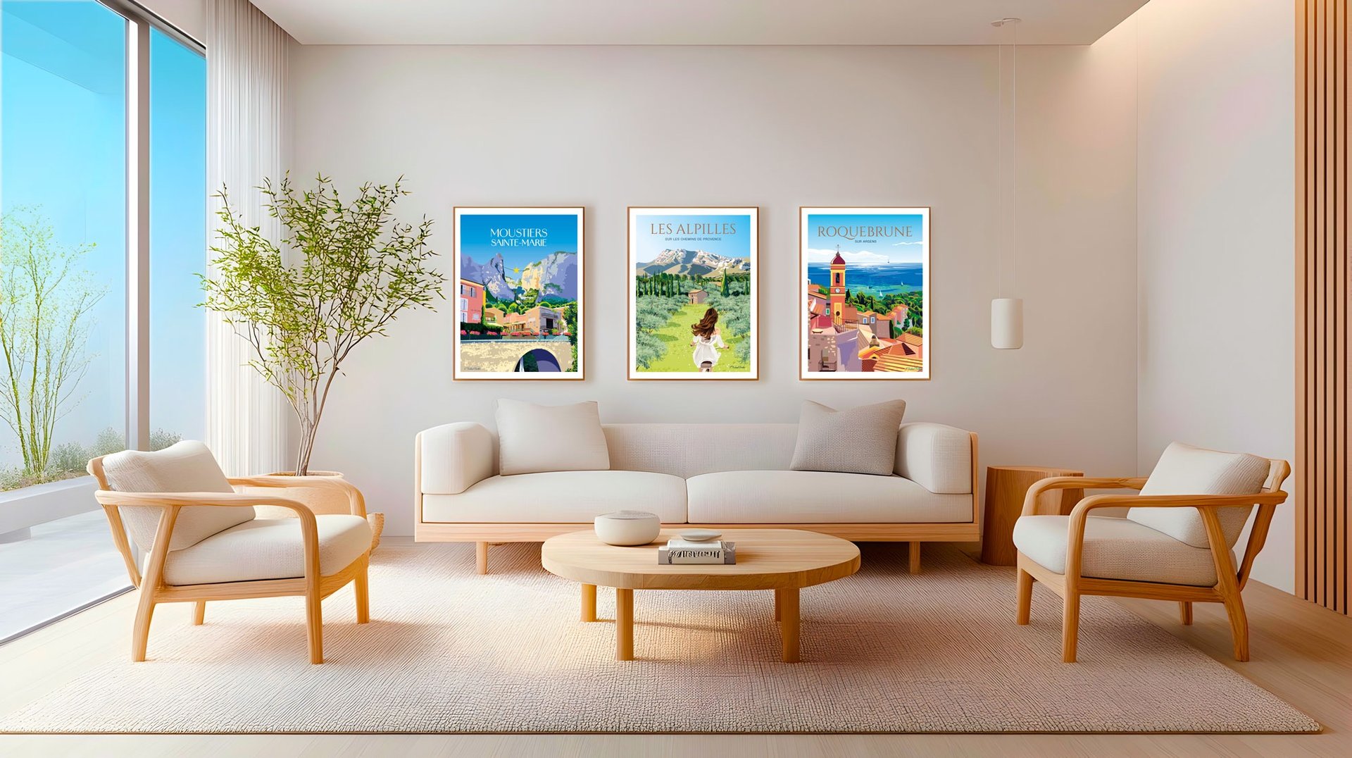 Salon avec 3 affiches exposées représentant des paysages de de Provence. Roque brune, les Alpilles, Moustiers