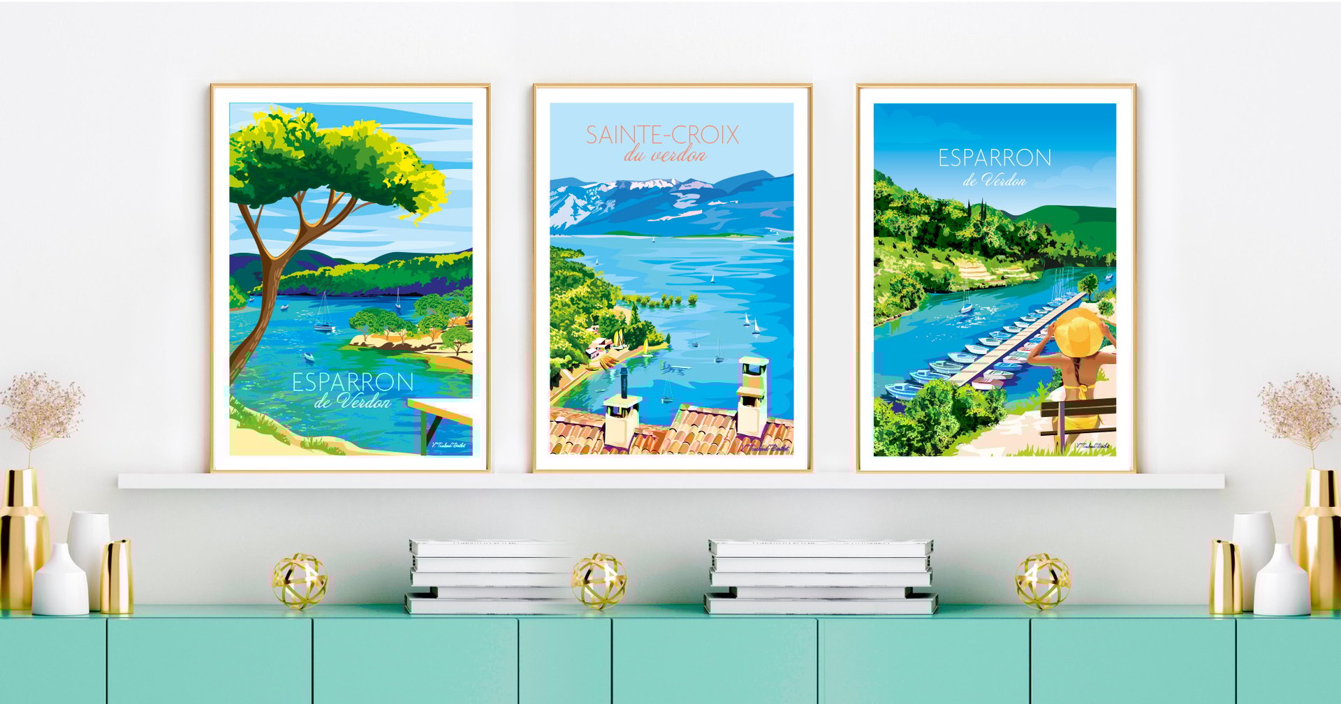 Affiches Lac Esparron Sainte-Croix du Verdon. Couleur estivales et vives.