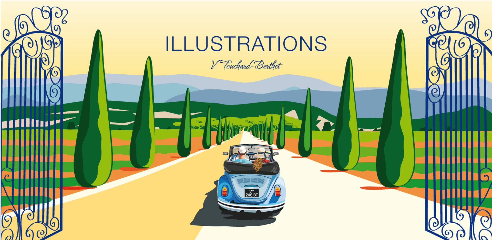 Illustration Couple dans Coccinelle Vintage roulant sur une route de Provence.