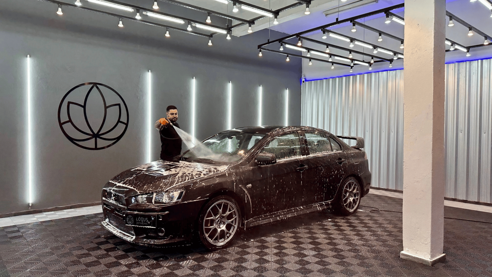 an abstract photo of a curved building with a blue sky in the background
