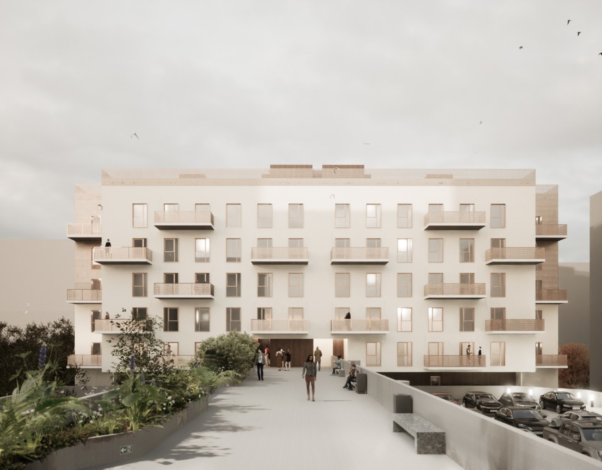 an abstract photo of a curved building with a blue sky in the background