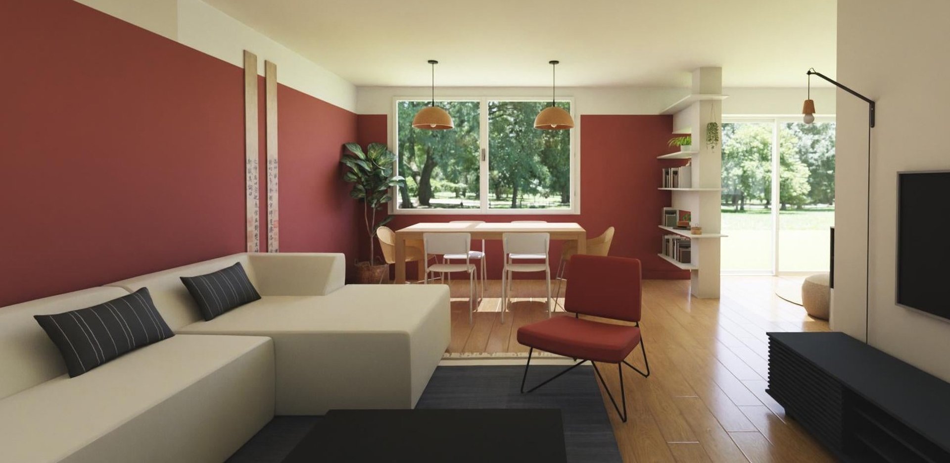 3D salon rouge et beige japandi