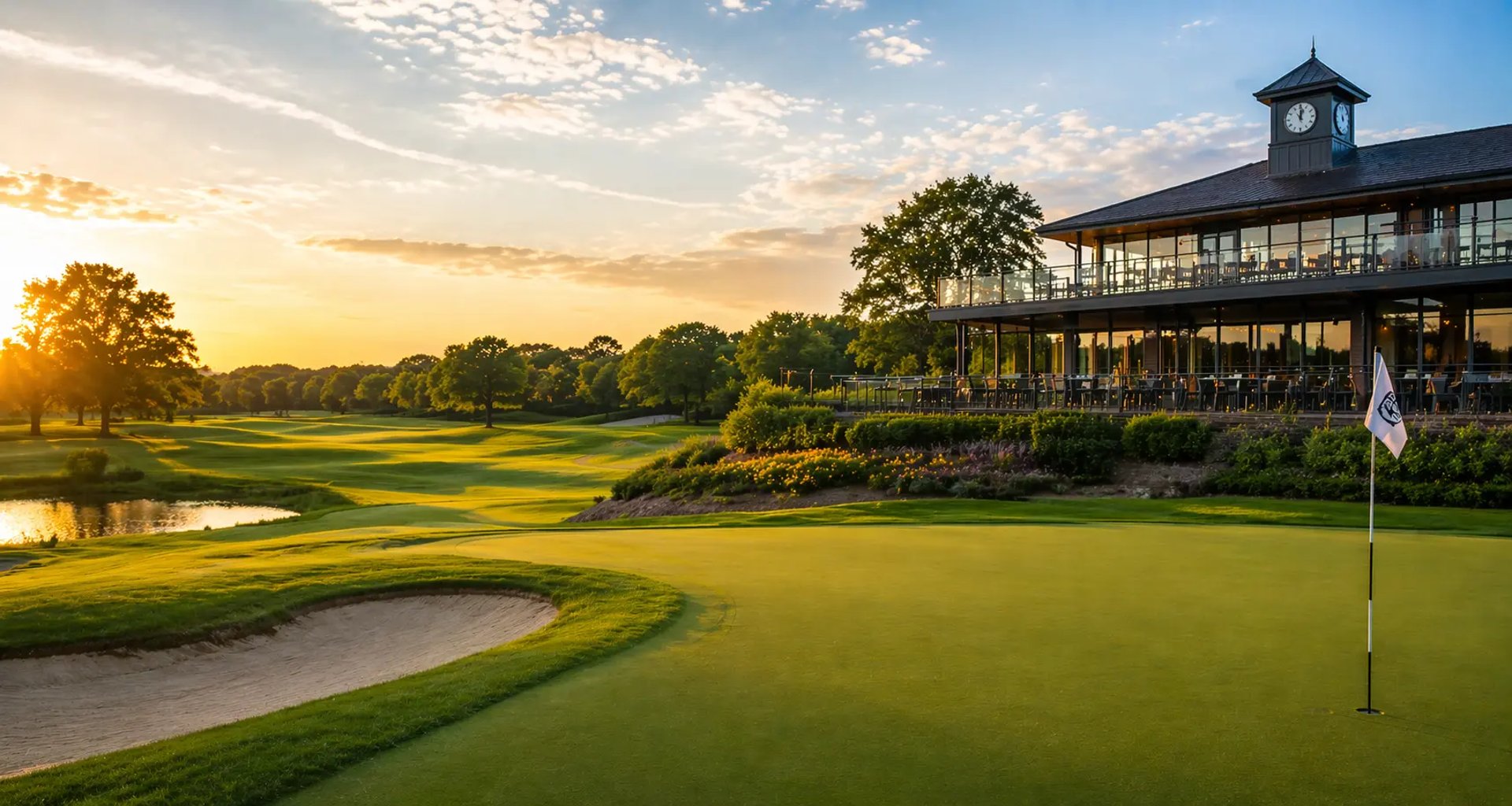 Golf course green and clubhouse at sunset representing IT services consulting for golf clubs