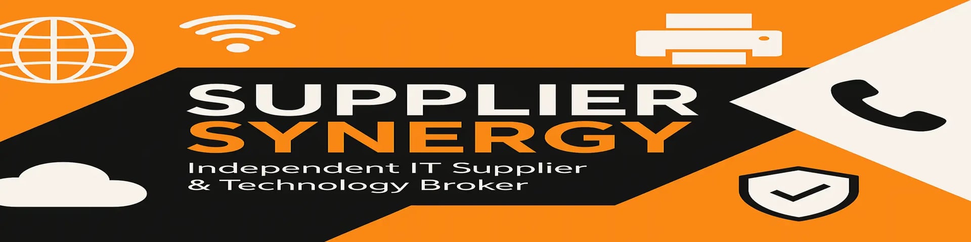 Supplier Synergy banner with bold orange, black, and white design featuring IT service icons for connectivity, cloud, telepho