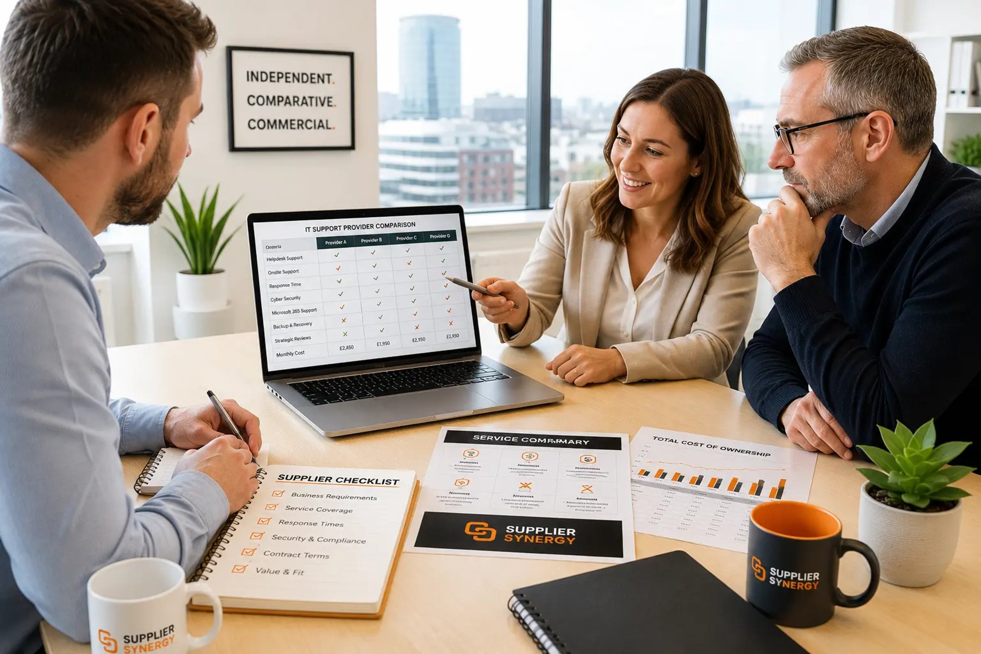 Business team reviewing IT support supplier options in a bright Birmingham office