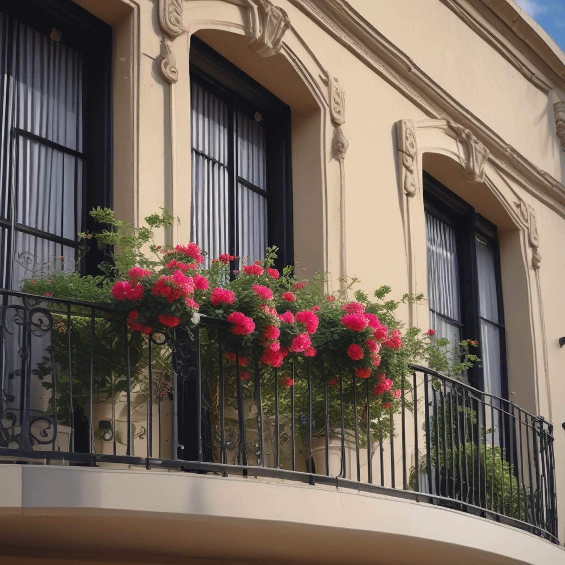 a tall building with balconies and flowers on the balconies