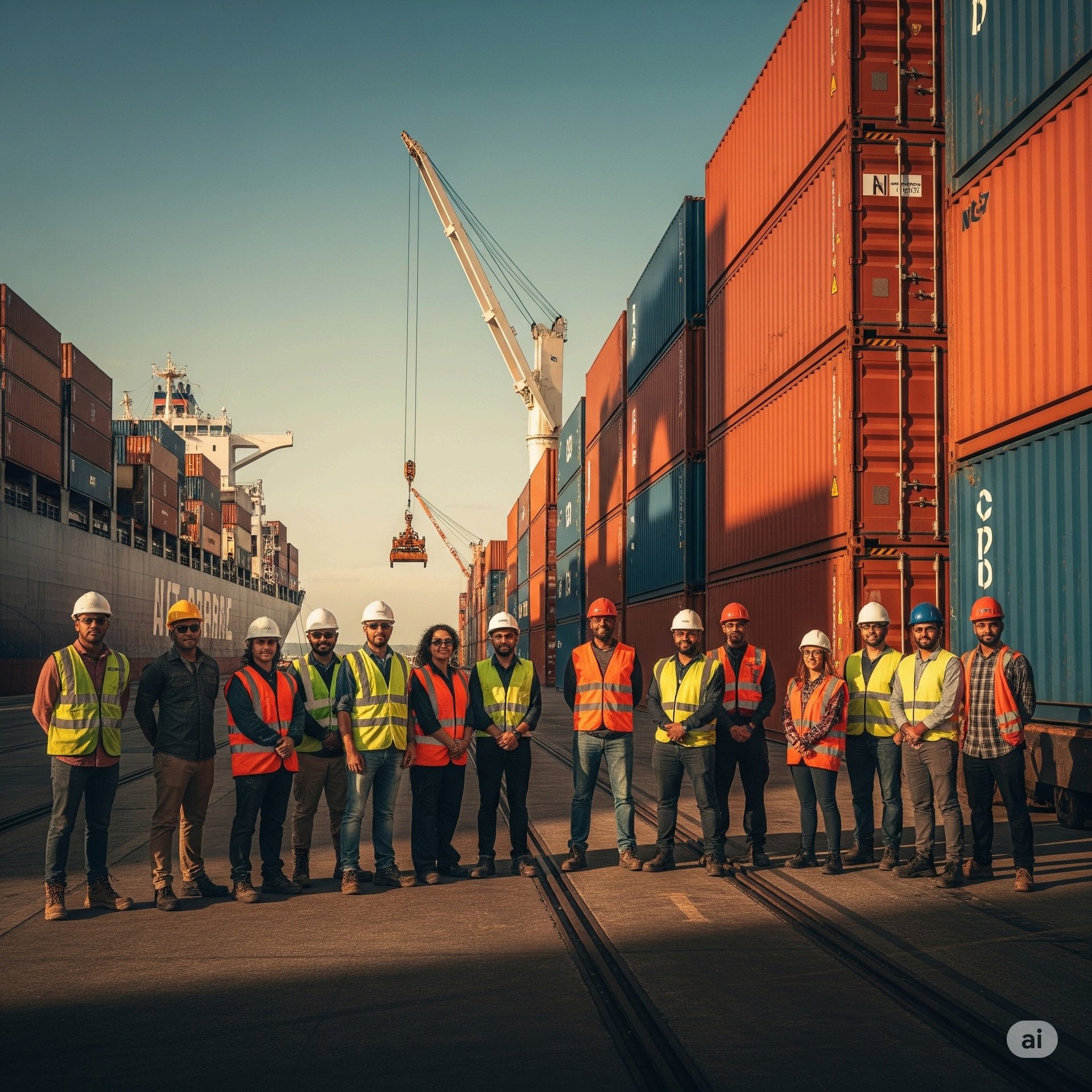 Shipping containers stacked at a busy port at sunset.
