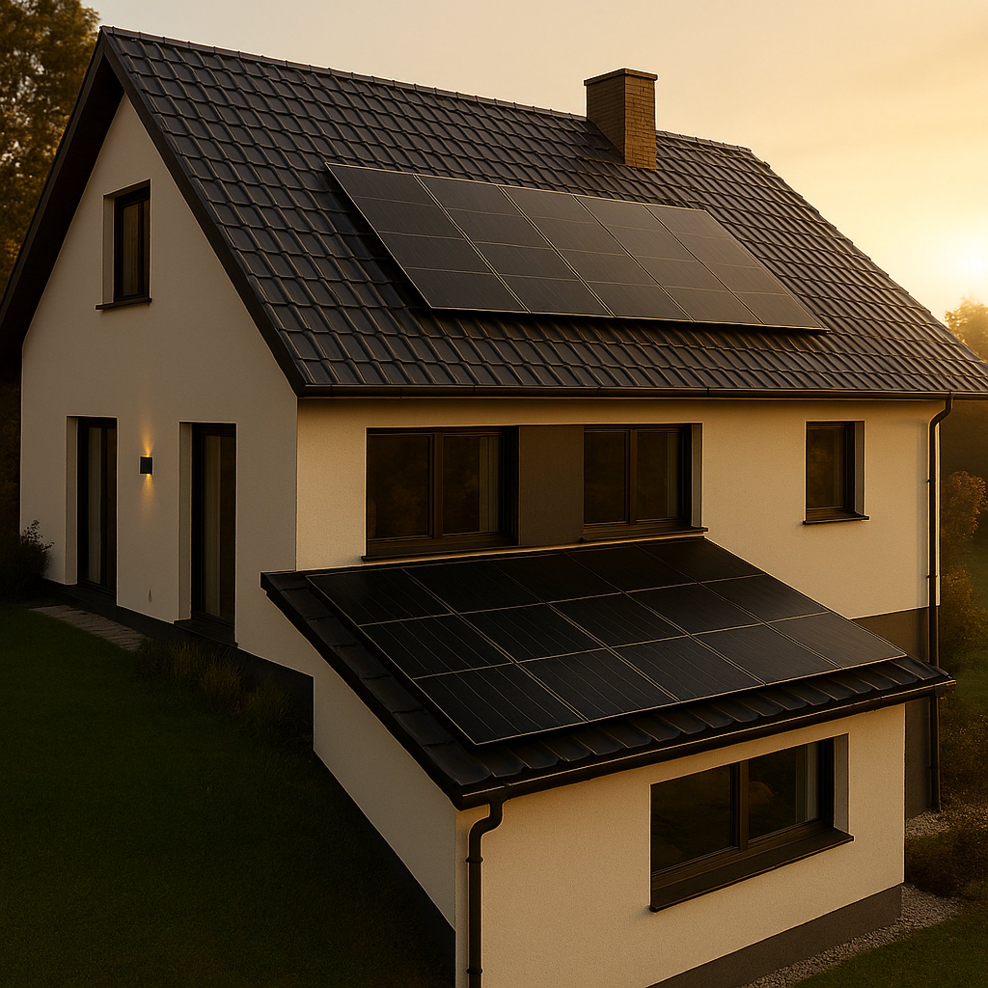 Maison contemporaine équipée de panneaux solaires haut rendement installés sur toiture en tuiles foncées, production d’énergi