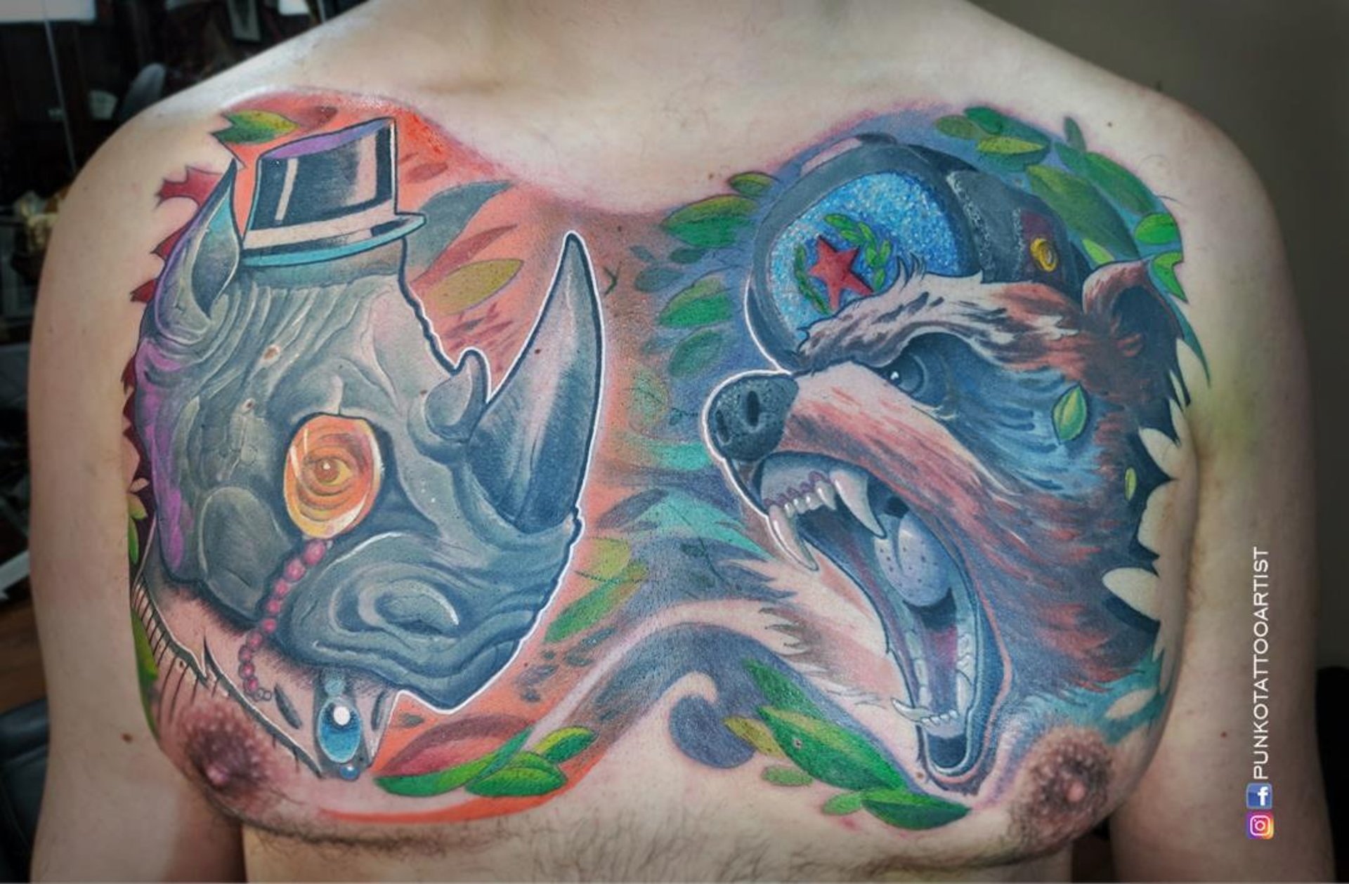 tatuaje rinoceronte con oso newschool color Barcelona punkotattooartist