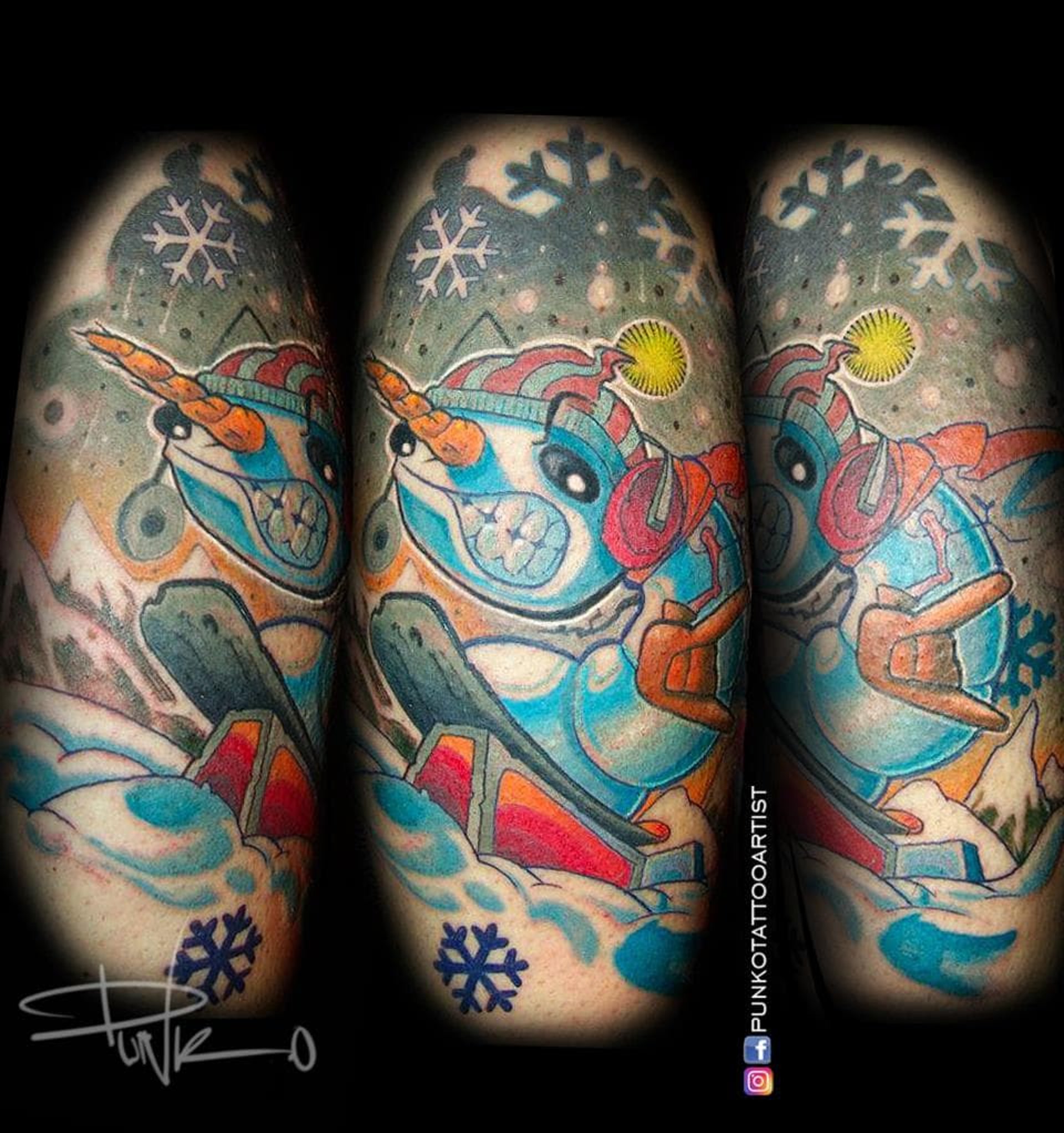 tatuaje muneco de nieve snowboard newschool color Barcelona punkotattooartist