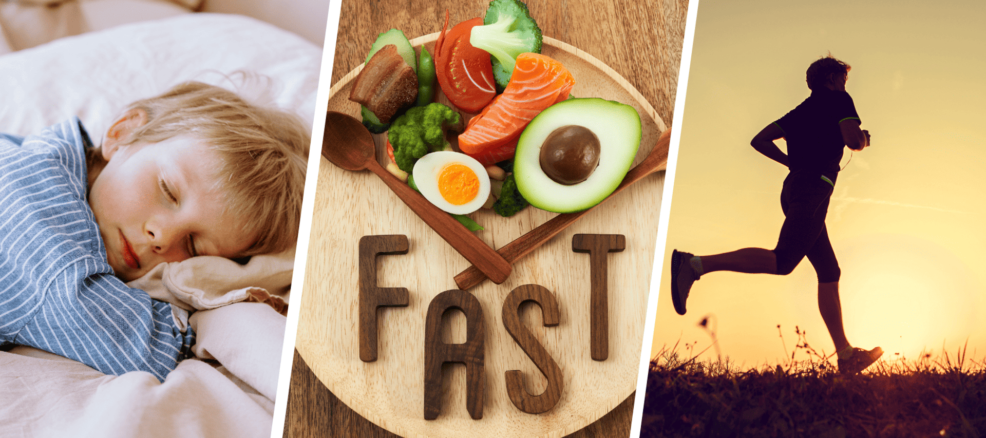 Three combined photos: One is a sleeping child, one is a fasting time and healthy food, and one is a running man.