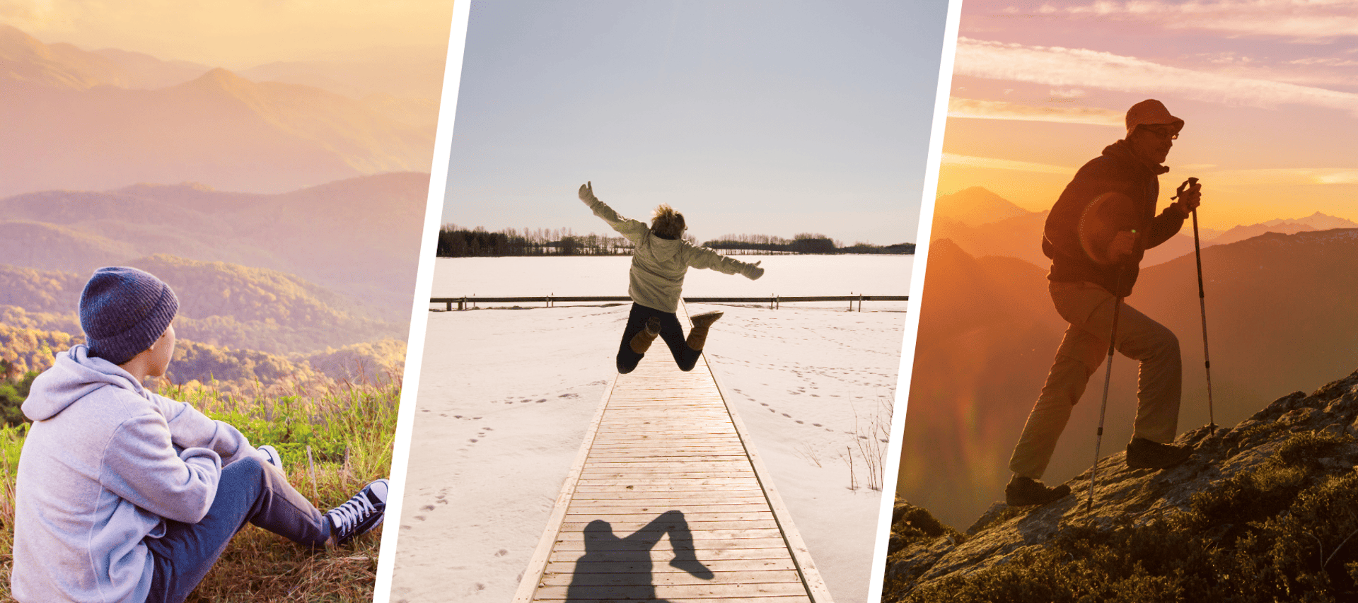 Three combined photos show three people: One is depressed, one is happy, and one is claiming a mountain.