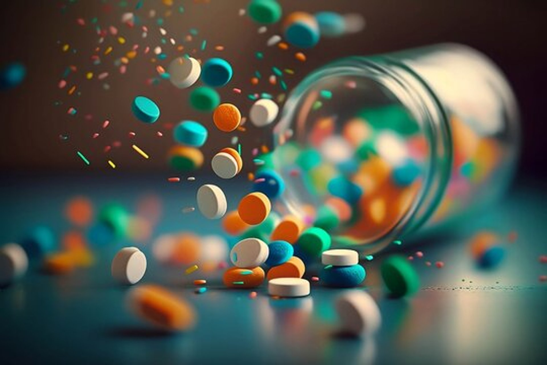 a bunch of pills sitting on top of a table