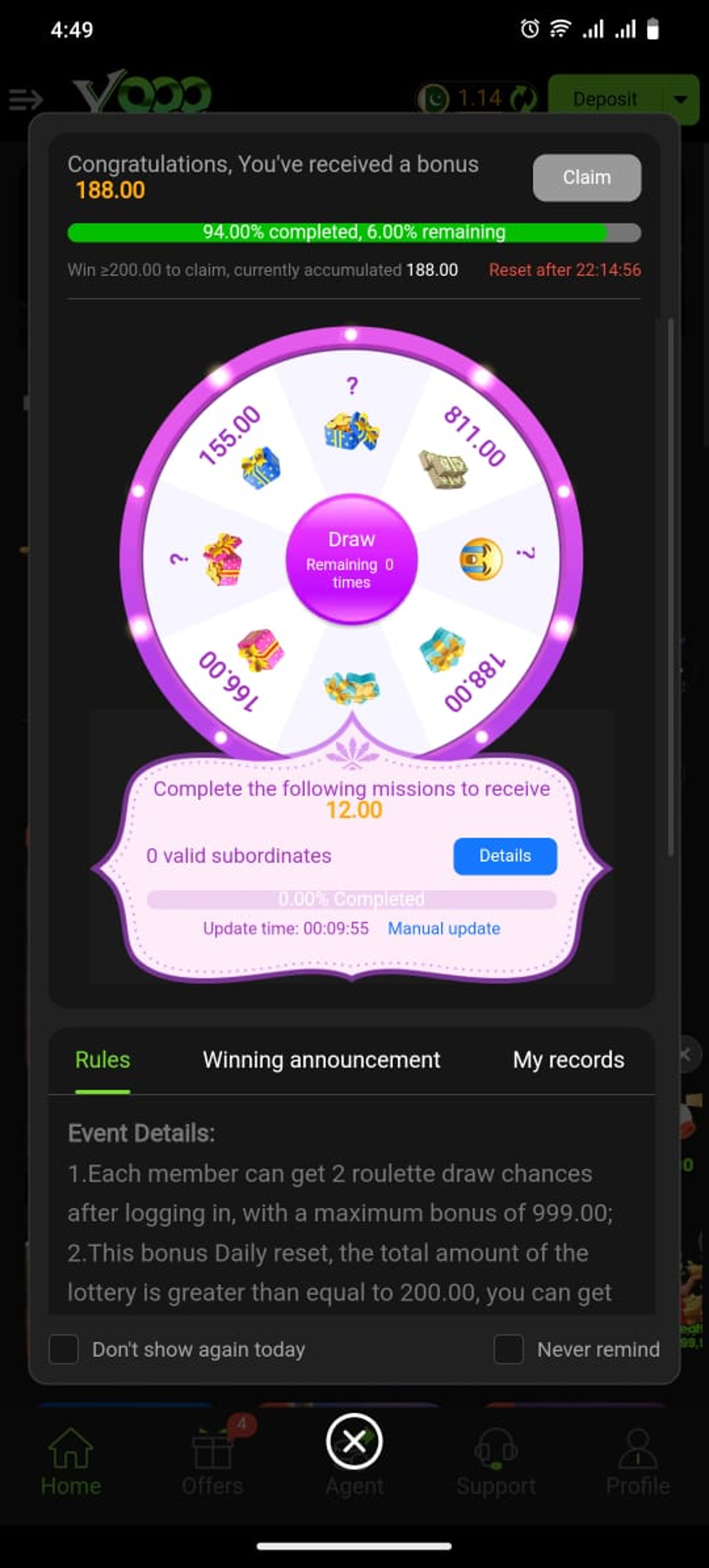sping screen for bonus and rewards in y999 game.