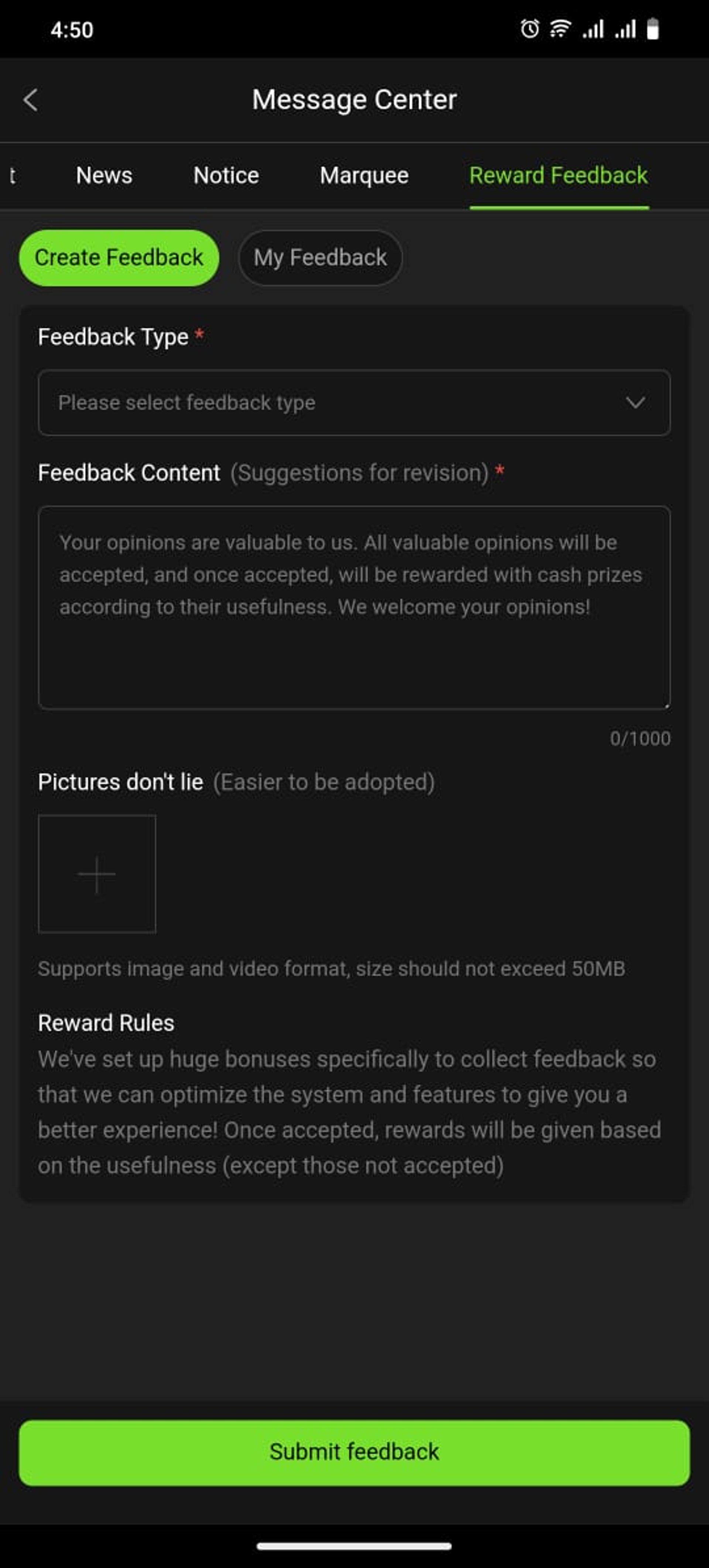 Reward and feedback screen.