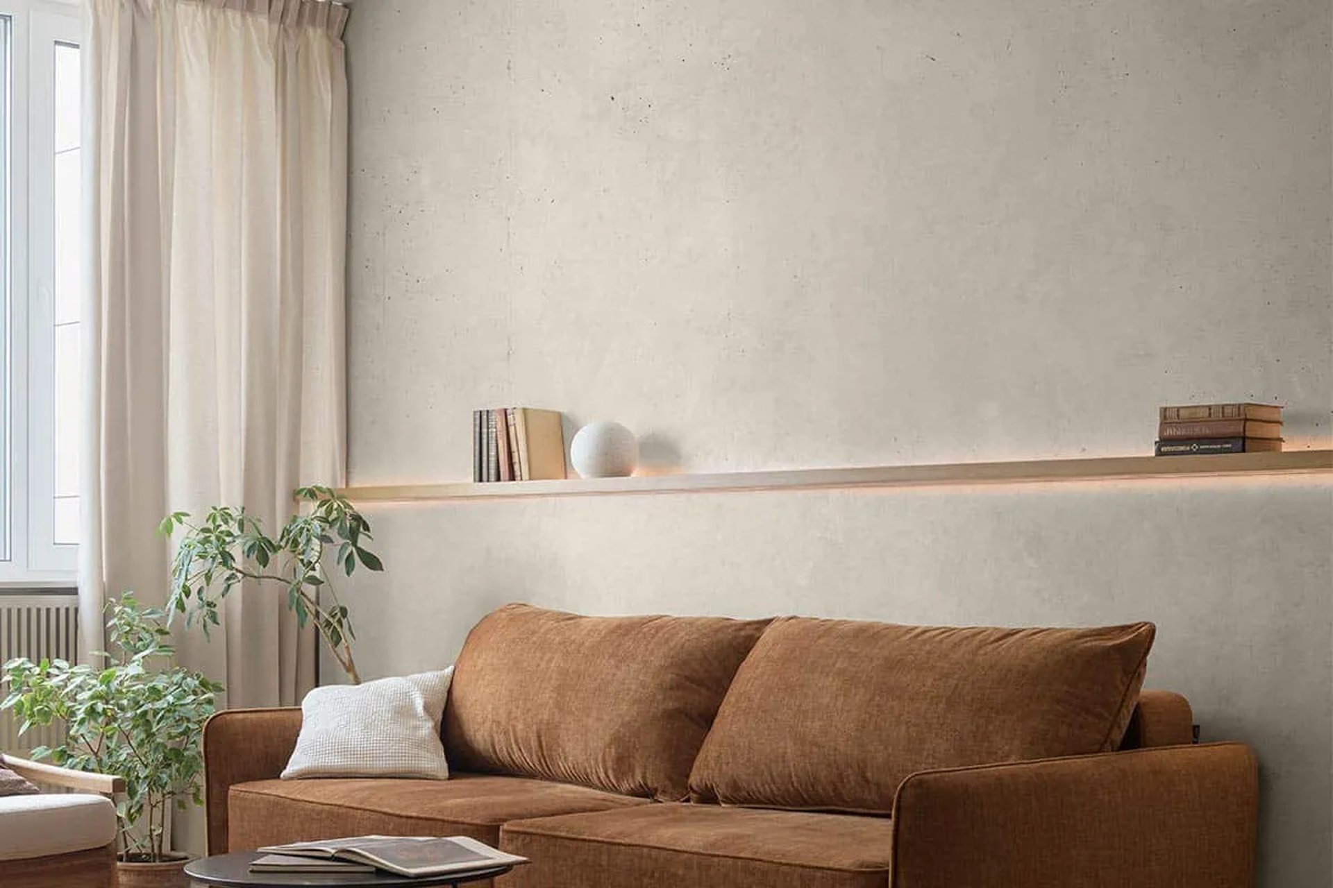 Smooth Roman clay accent wall with a soft, textured finish, adding depth and warmth to a modern interior.