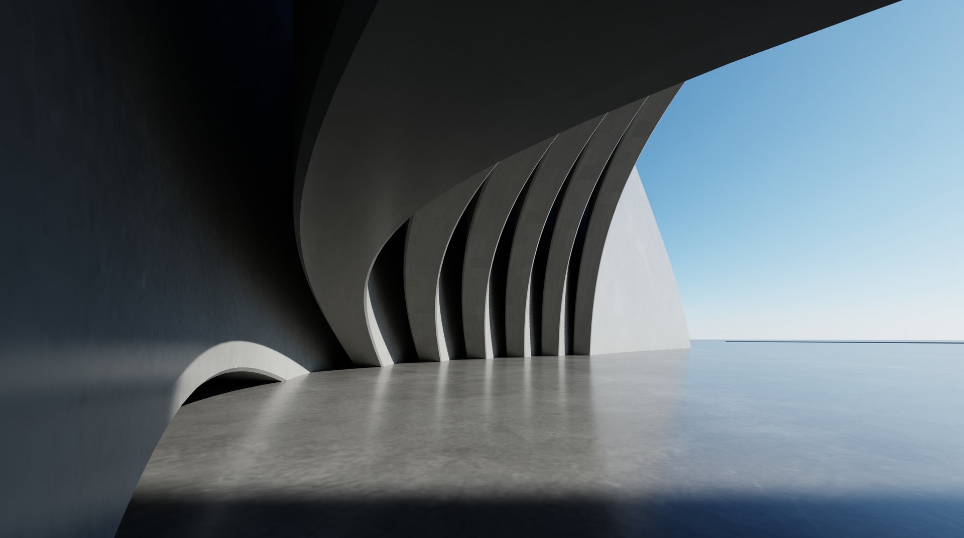 an abstract photo of a curved building with a blue sky in the background