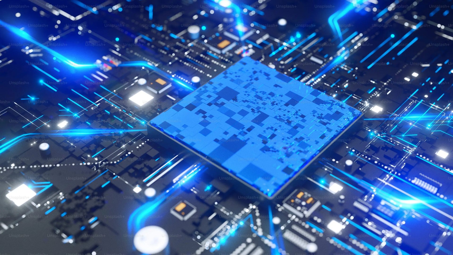 se ve el dibujo creada con IA de una placa electronica con luz neon y efectops visuales en semi perspectiva para MBTECNIC