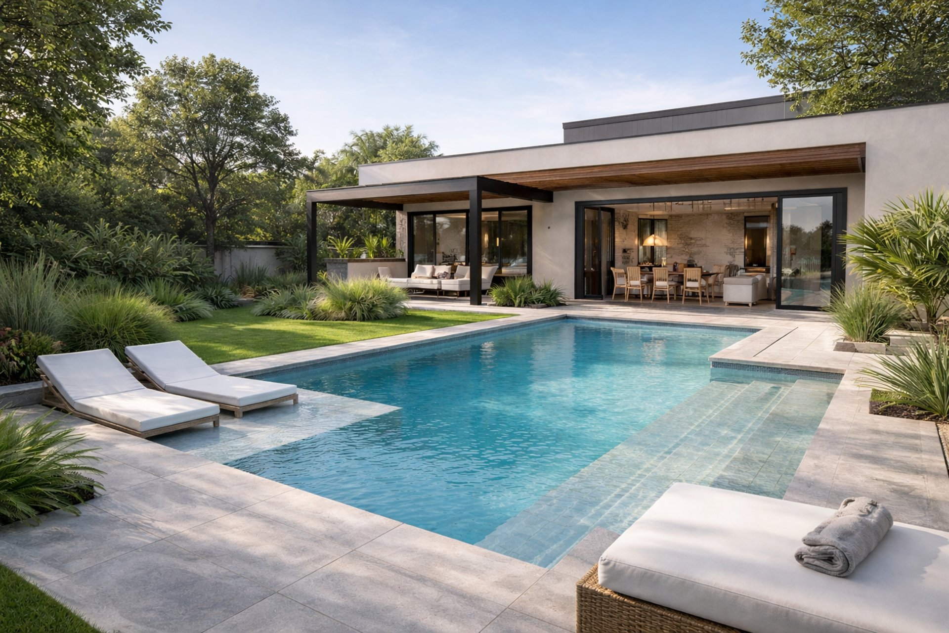 an abstract photo of a curved building with a blue sky in the background