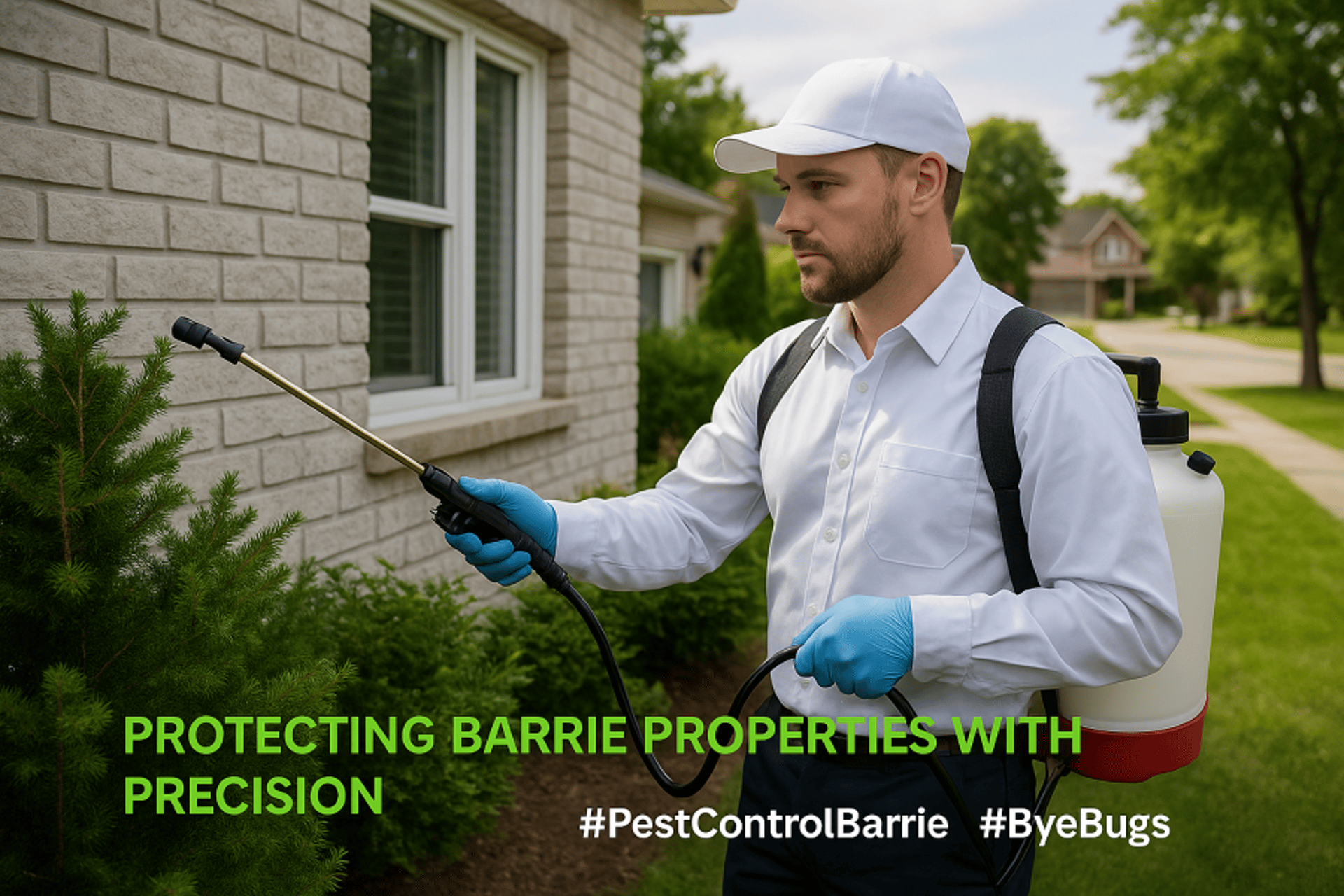 A pest control technician wearing gloves and a white uniform sprays a shrub outside a suburban home in Barrie, Ontario. 