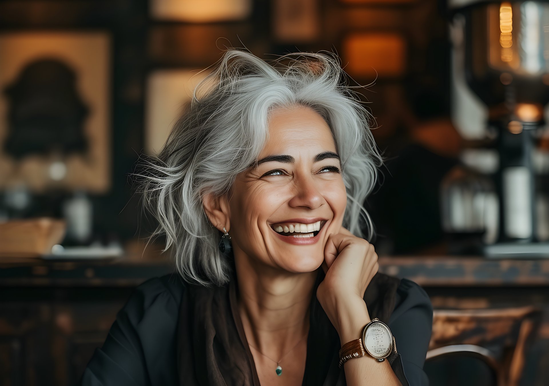 Woman smiling in a coffee shop.