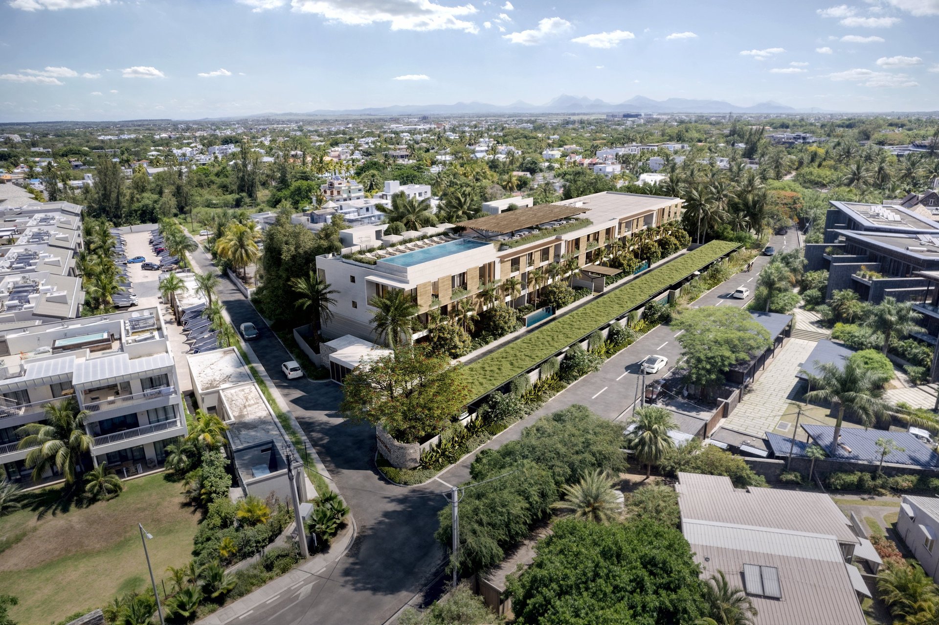 an abstract photo of a curved building with a blue sky in the background