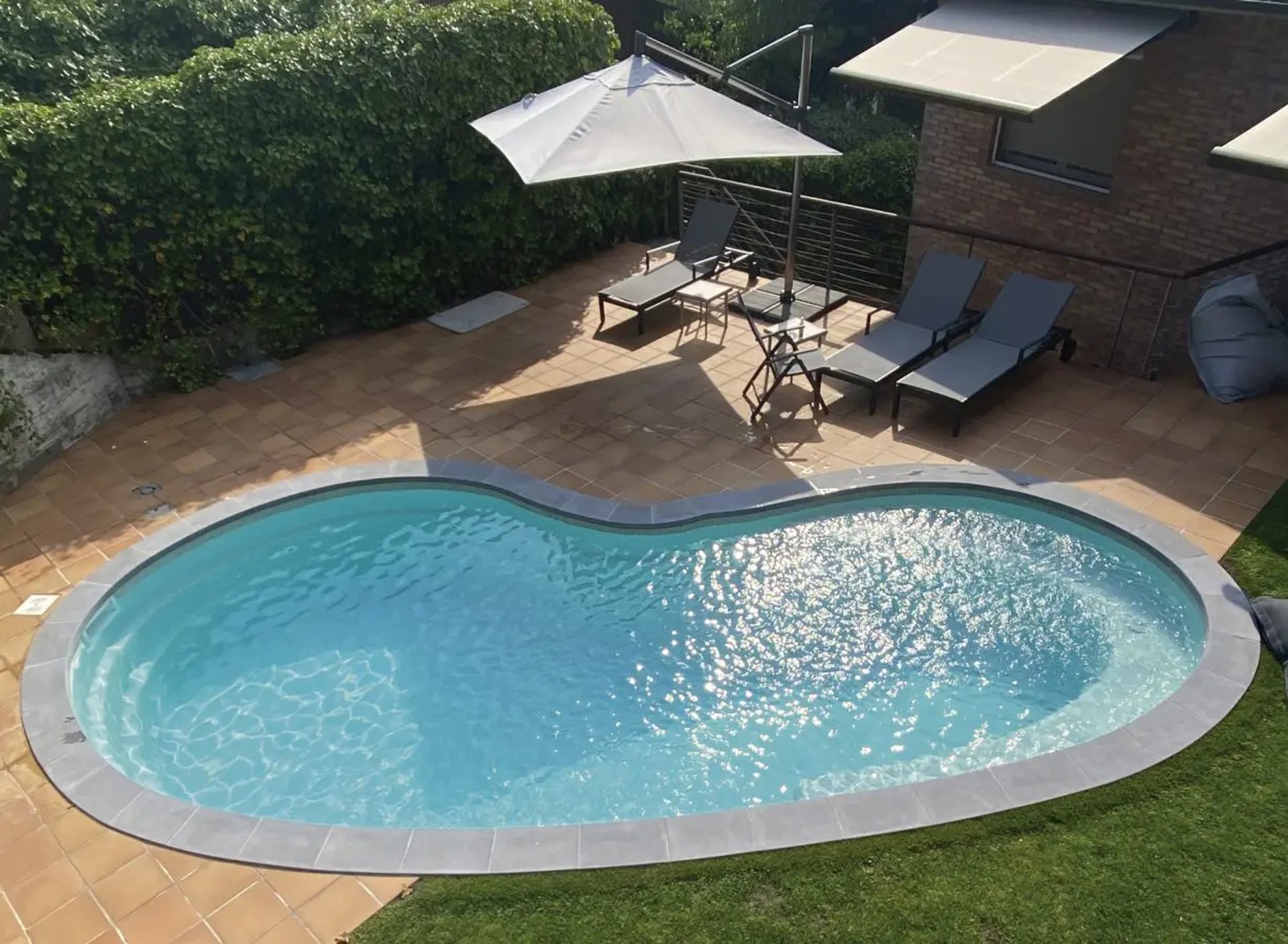 A black object floats in a blue pool with leaves.