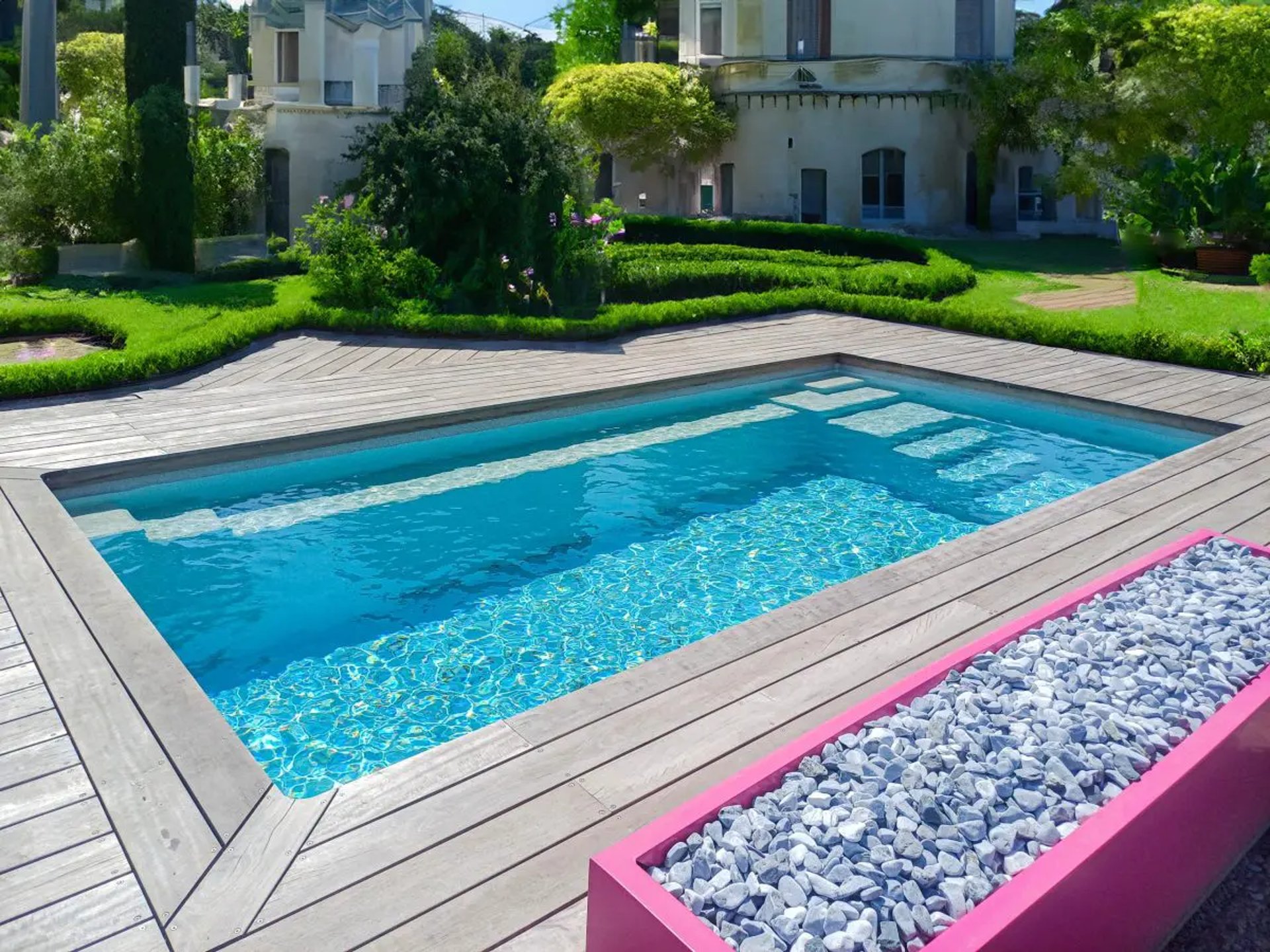 an abstract photo of a curved building with a blue sky in the background