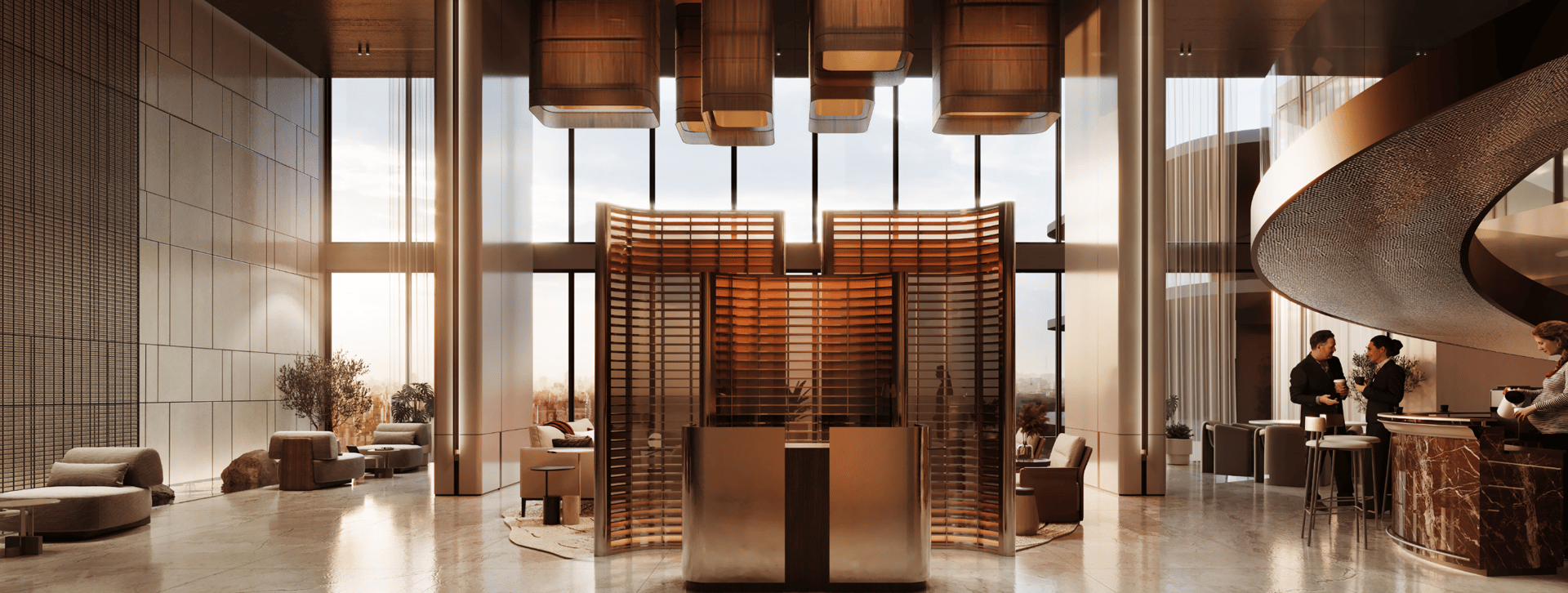 an abstract photo of a curved building with a blue sky in the background