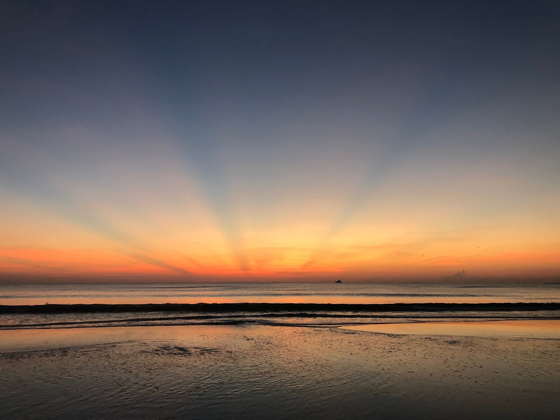 A real sunrise over the ocean before it has arisen with beams of blue, sunray lights in the sky