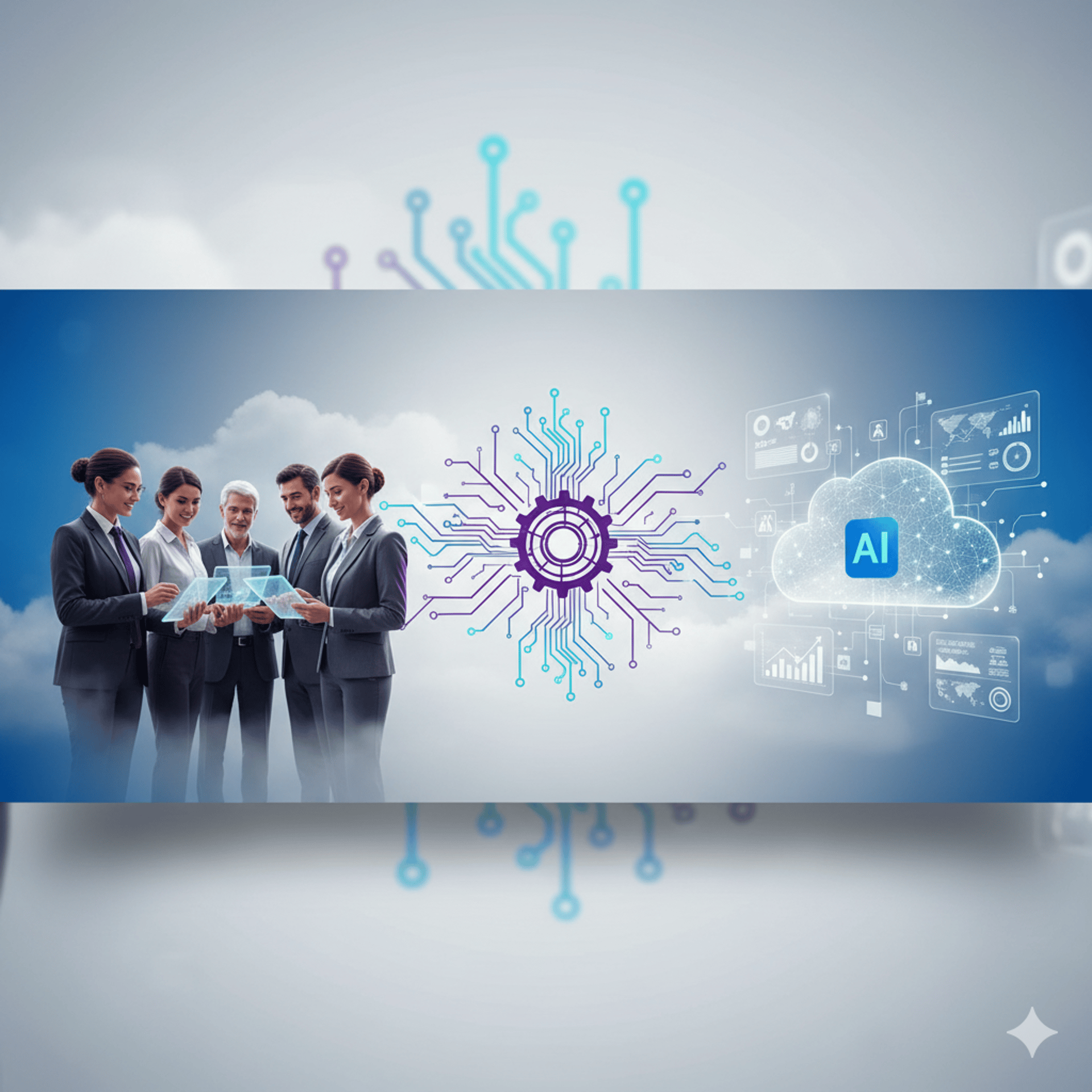 Equipo directivo colaborando con herramientas de inteligencia artificial y nube digital, representando innovación tecnológica