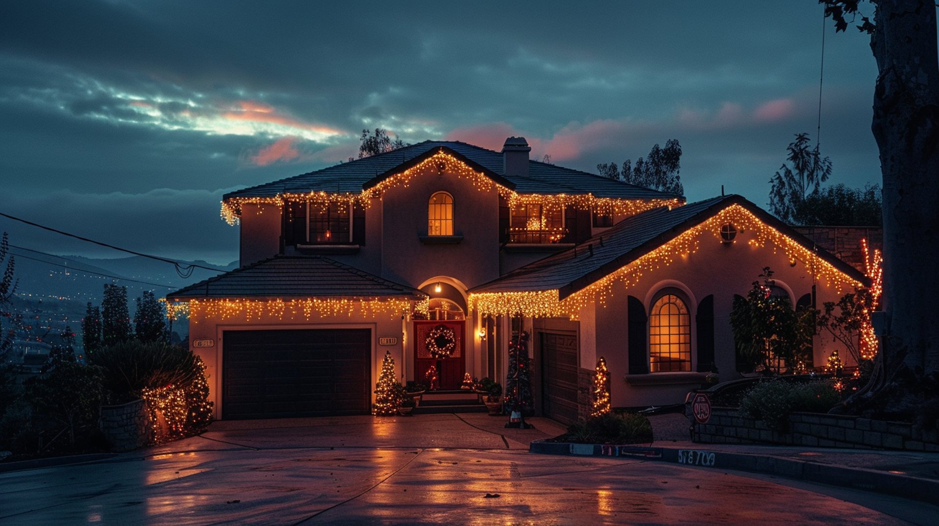 Holiday lighting on a house in the evening in the Bay Area